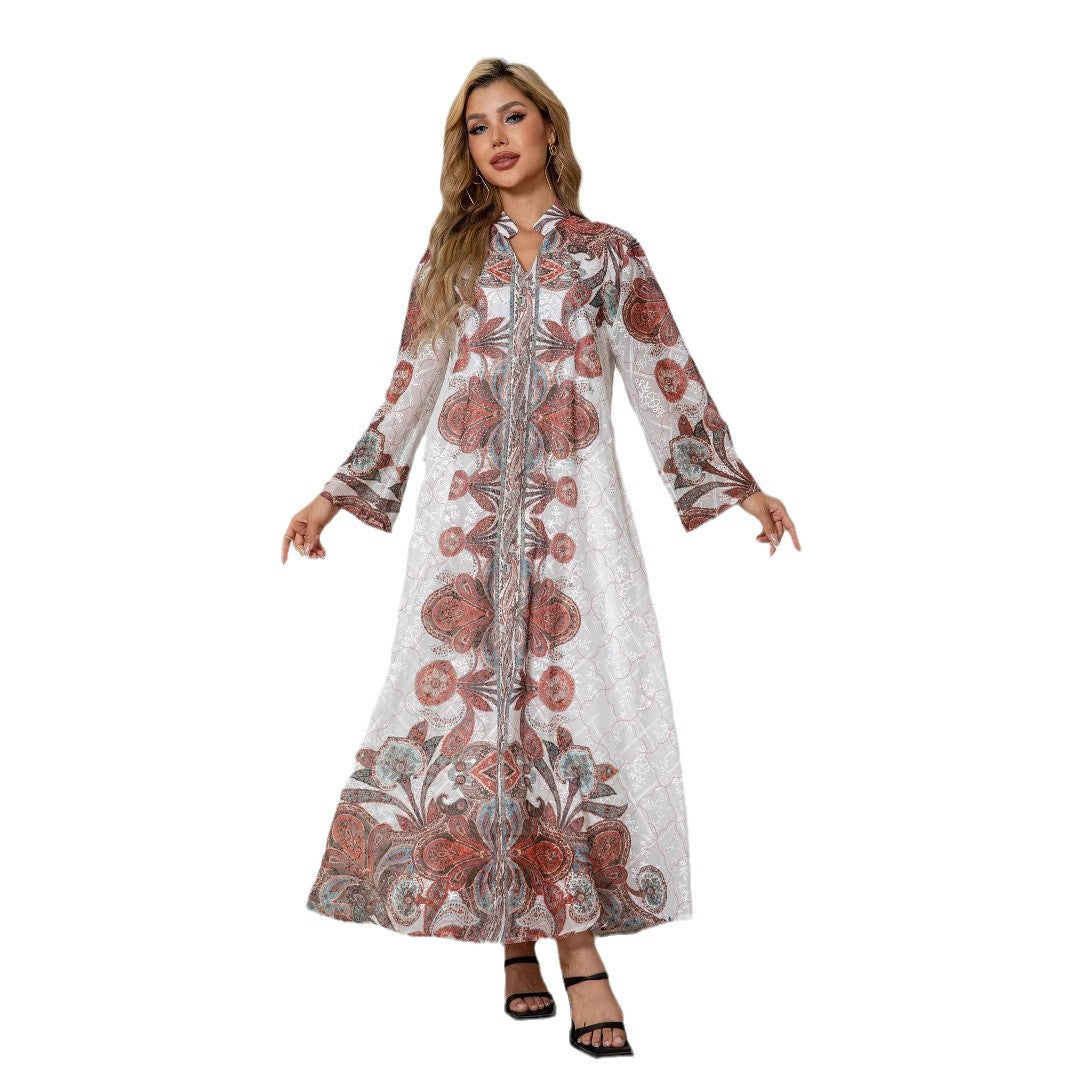 White Floral Print Rhinestone Embroidered Maxi Abaya Dress