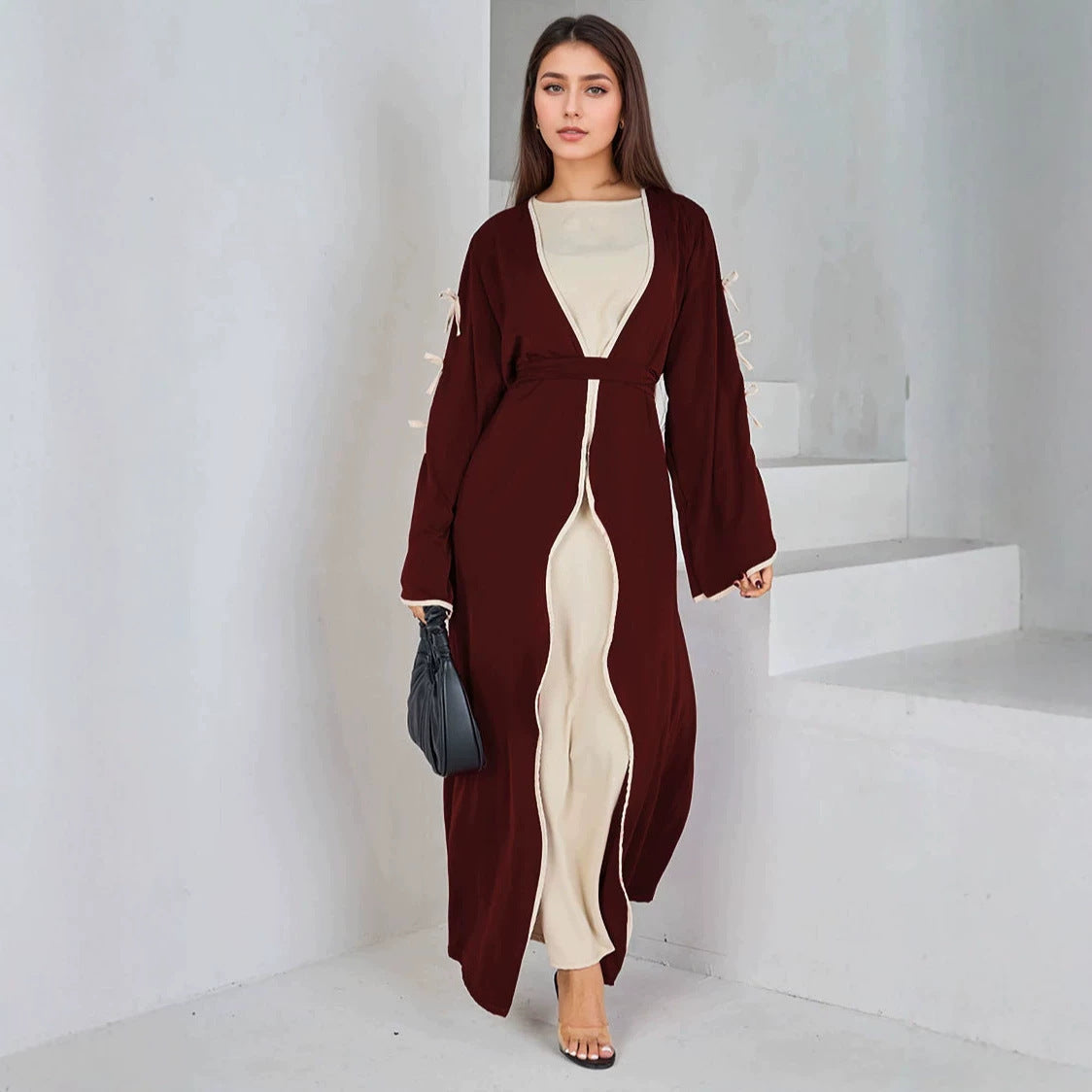 Wine Red Trim Long Open Cardigan Maxi Abaya with Belted Sleeves