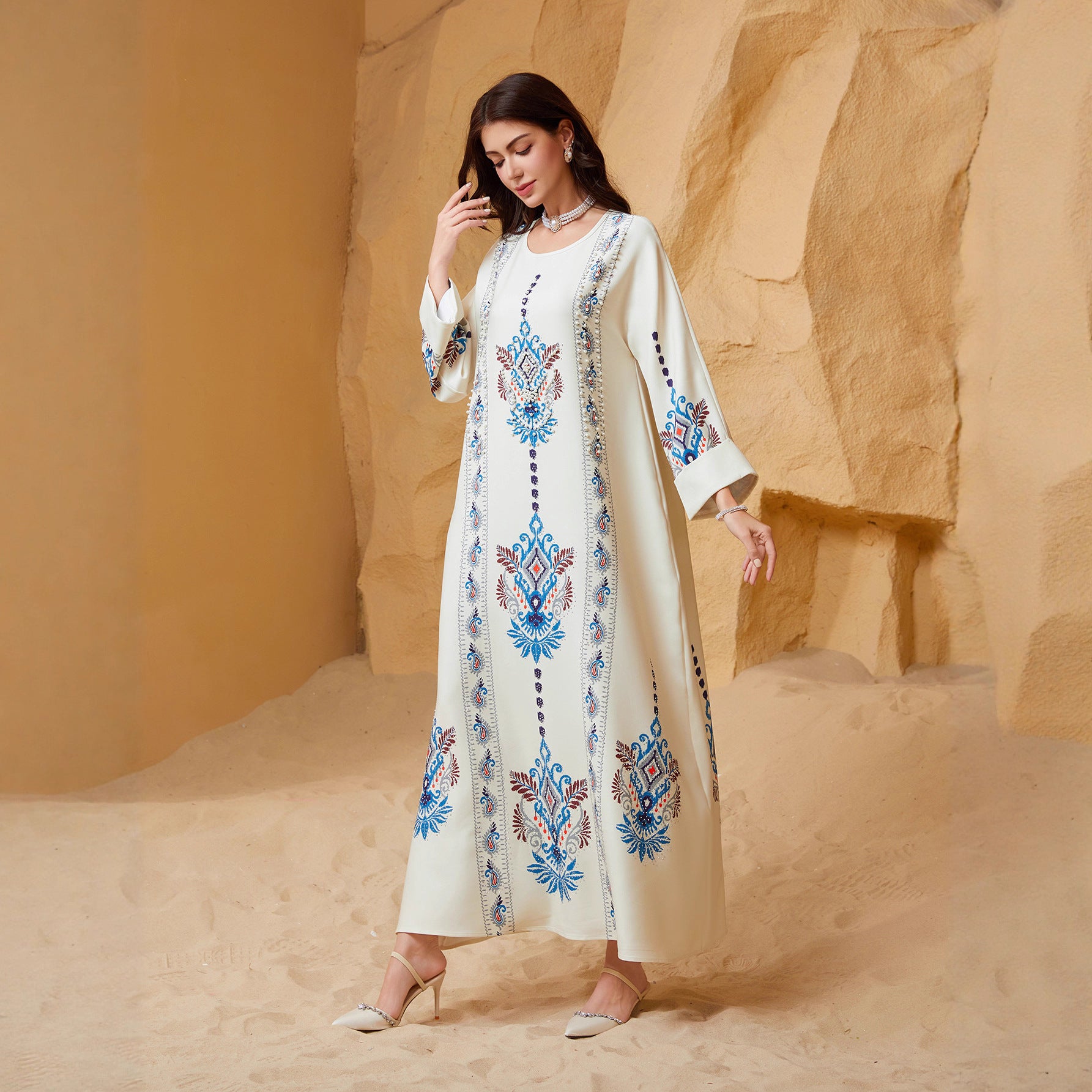 Ivory Printed Abaya Robe - Ethnic Style Modest Long Dress