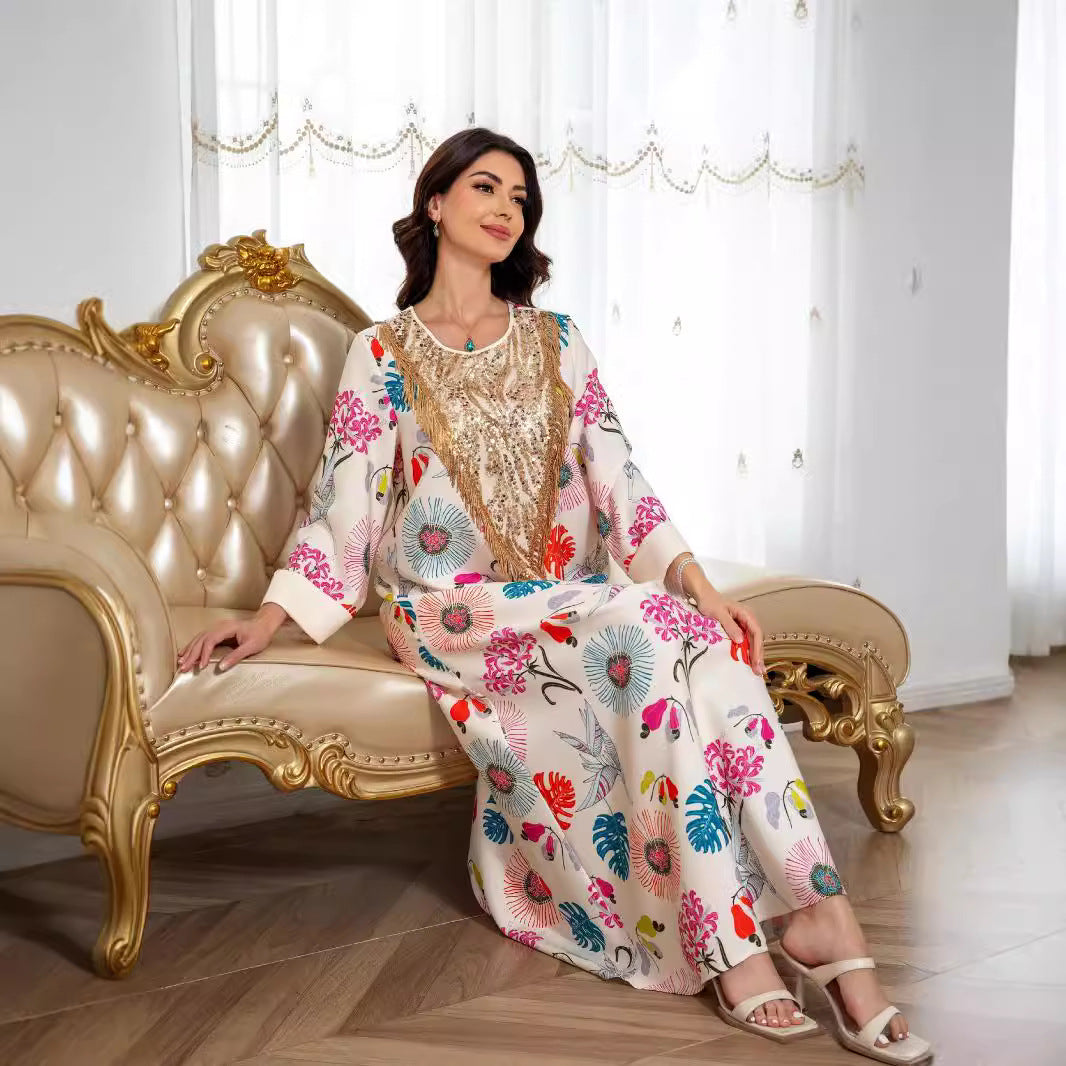 Ivory Floral Print V-Neck Maxi Abaya - Modest Long Dress for Women