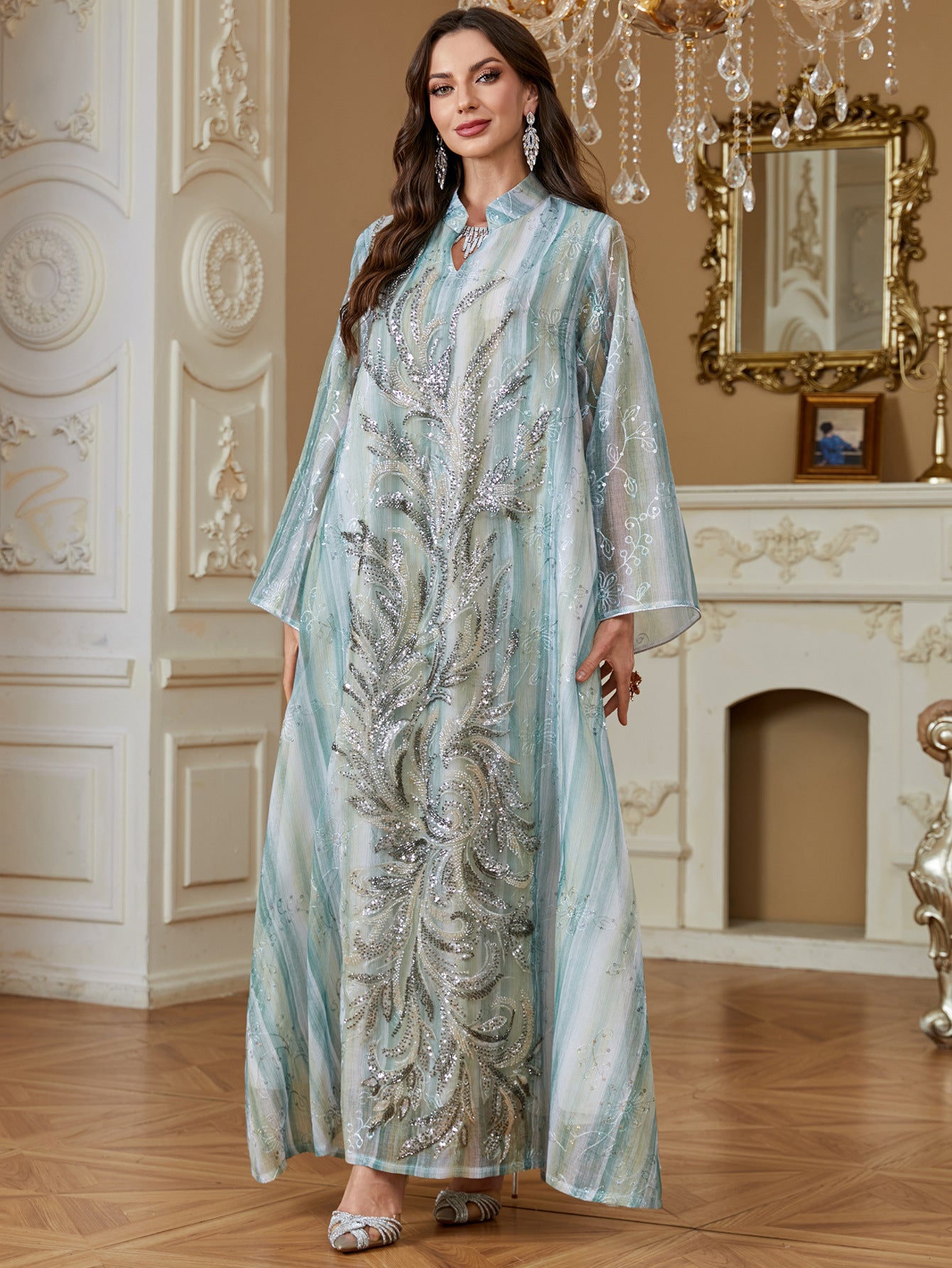 Women Stand Collar V Notch Sequin Embroidery Abaya Gradient Vertical Stripe Print Loose Wide Sleeve Maxi Kaftan Lightweight Formal Modest Dress For Ramadan Wedding Party