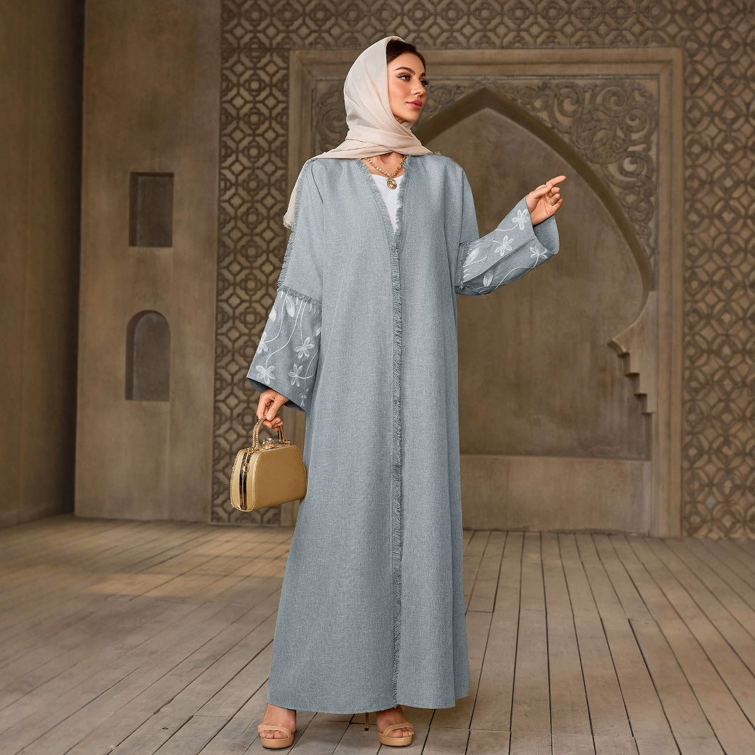 Floral Embroidered Elegant Open Front Abaya Cardigan Modest Long Maxi Dress Gown for Muslim Women Eid Ramadan Banquet M-L