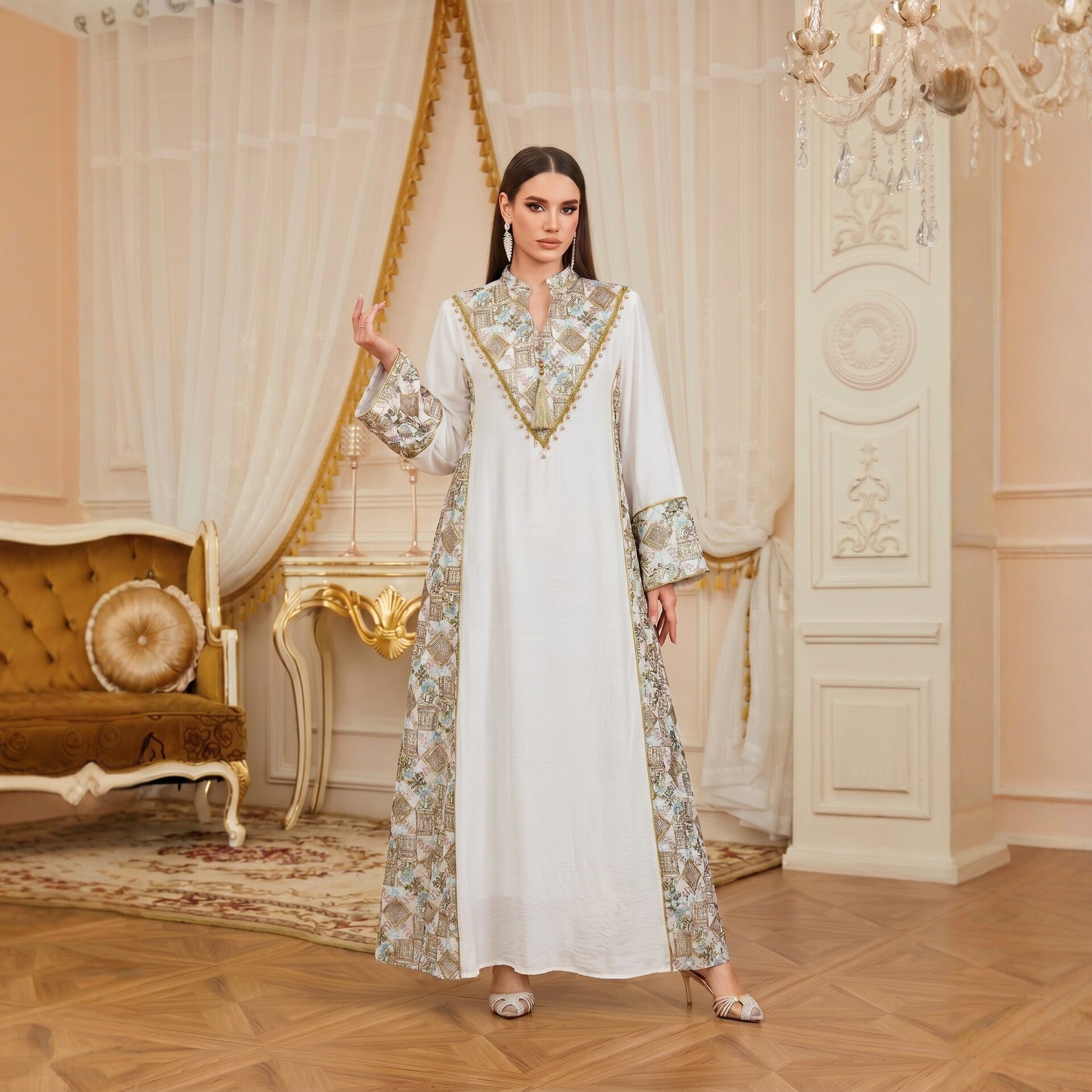 White Apricot Light Blue V-Neck Embroidered Pendant Evening Maxi Abaya