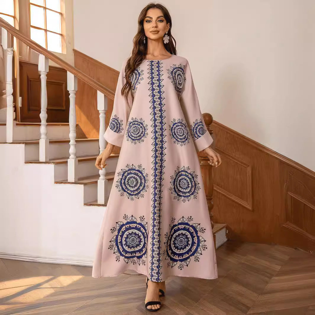 Pink Bohemian Beaded Abaya - Printed Round Neck Modest Long Robe