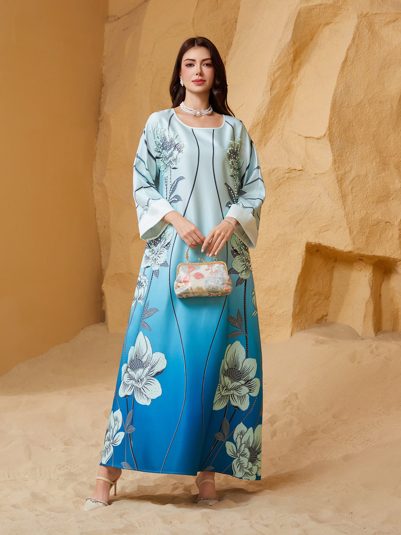 Sky Blue Rhinestone Beaded Round Neck Floral Maxi Dress