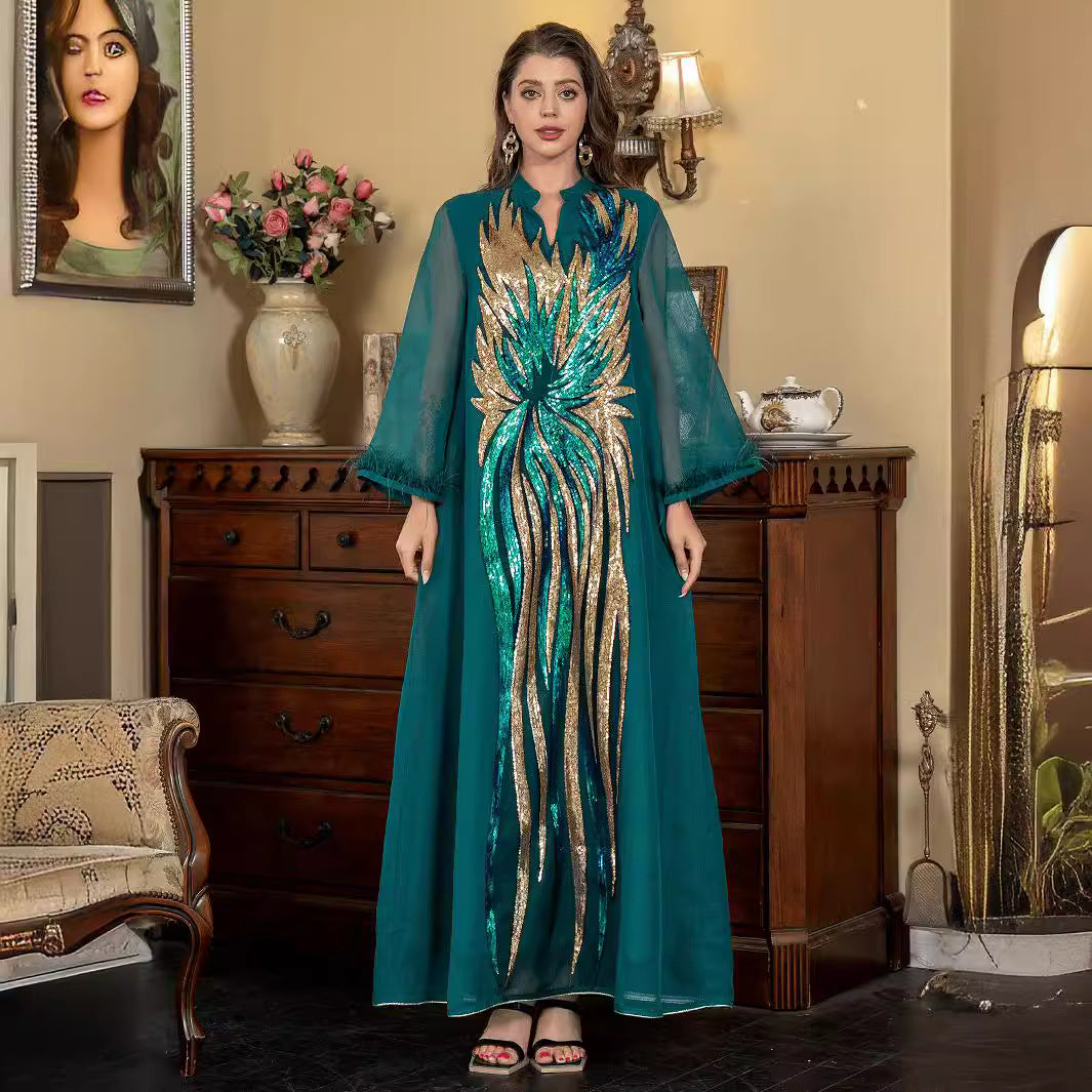 Dark Green Heavy Peacock Feather Sequin Embroidery Abaya Tulle Fringe Sleeve Dubai Modest Muslim Evening Maxi Gown