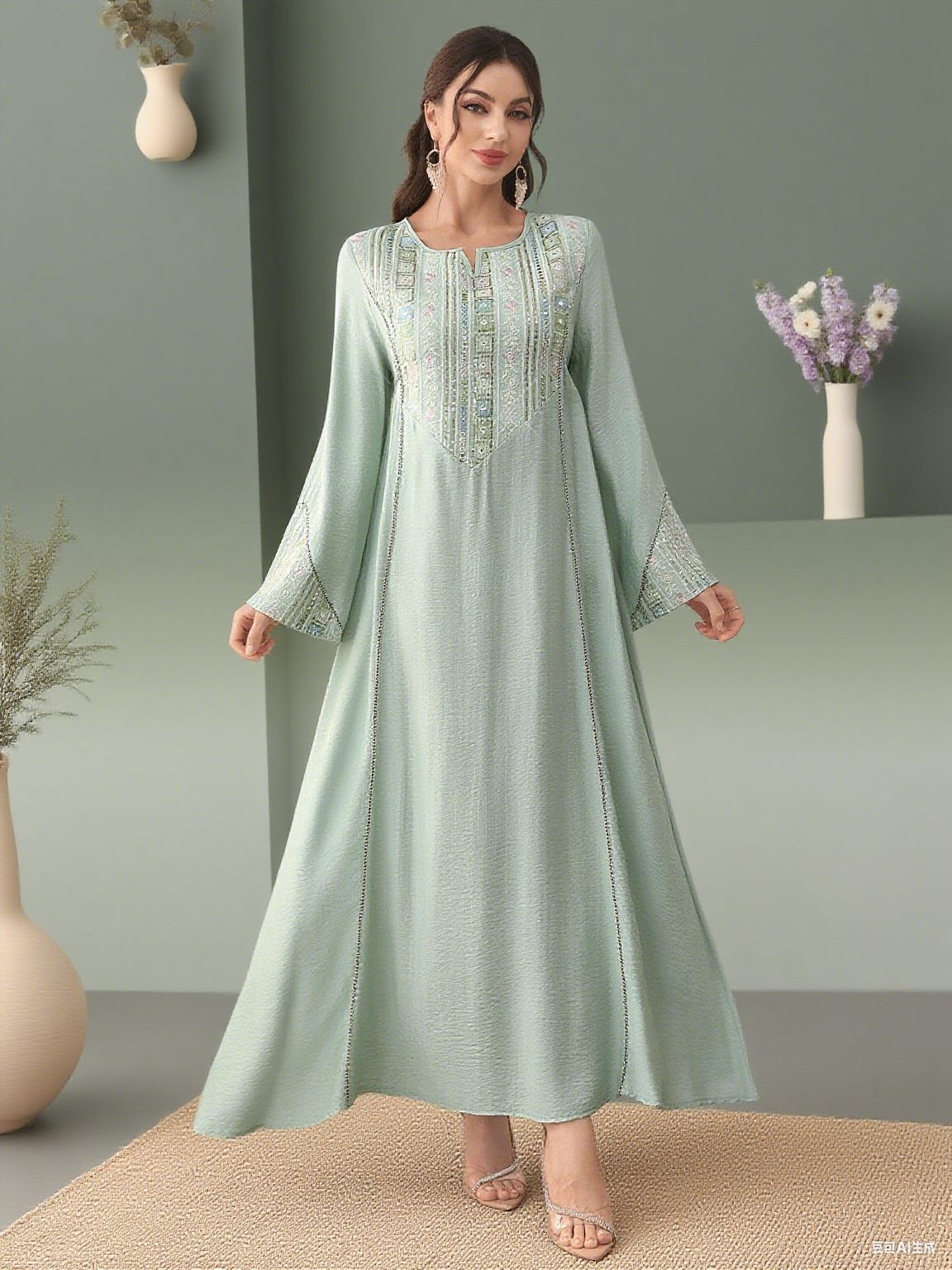 Sequin Embroidered Long Dress with Cover-Up Jalabiya Modest Long Maxi Dress for Muslim Women Ramadan Prayer Casual Wear S-XXL