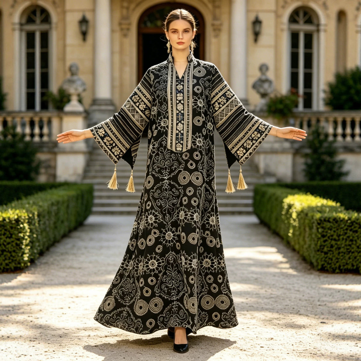 Luxury Wide Sleeve Tassel Embroidered Kaftan Abaya Modest Maxi Gown for Muslim Women Festive Evening Party Robe S-XXL - 178