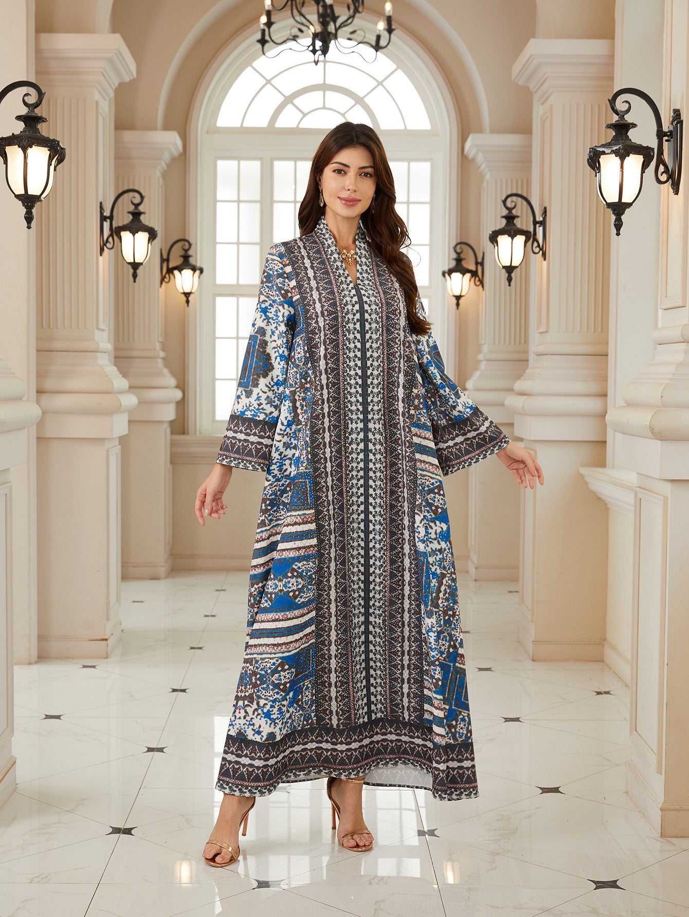 Stylish Grey Long-Sleeve Kaftan – Rhinestone Modest Maxi Dress