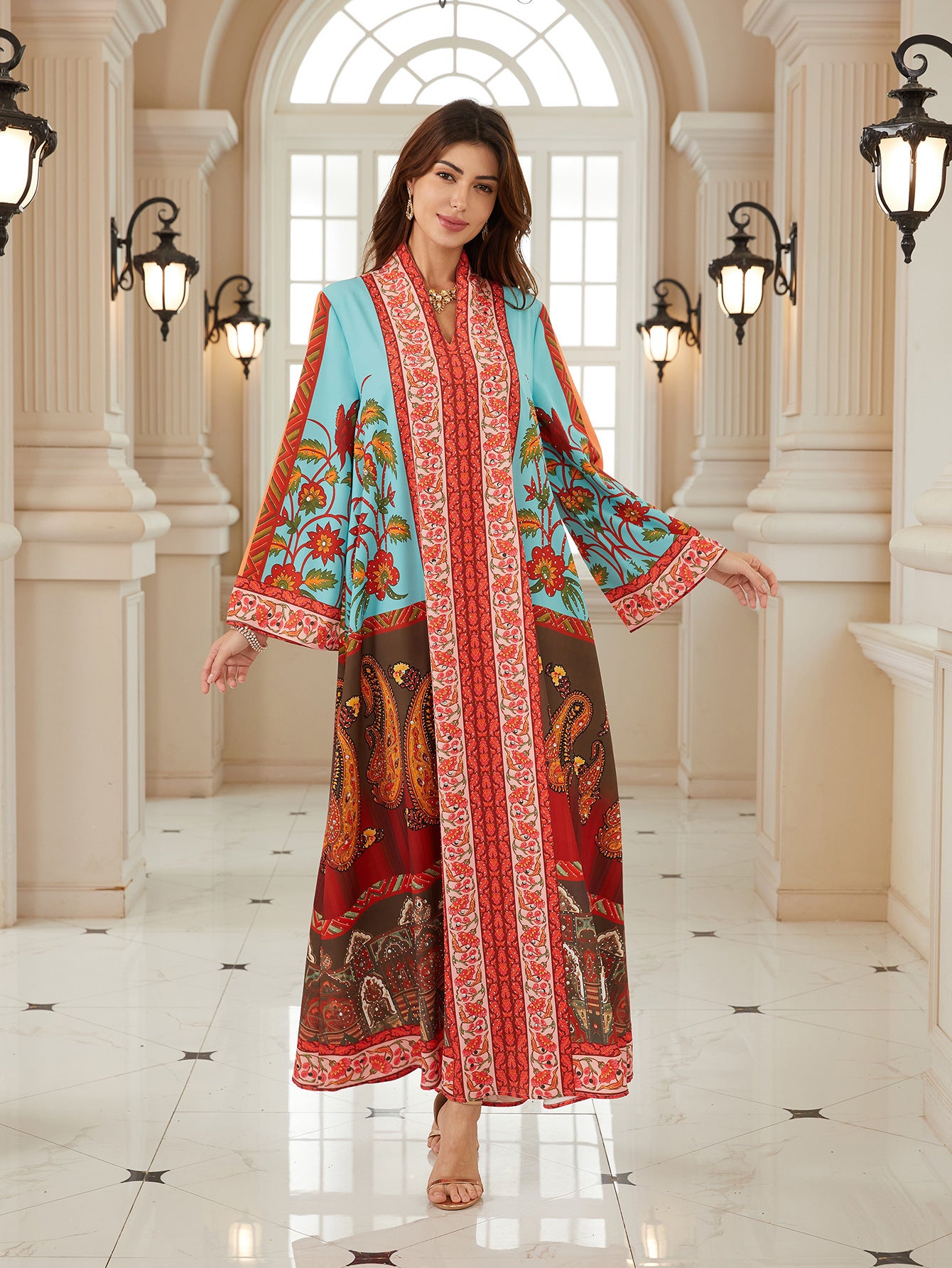 Radiant Floral V-Neck Kaftan – Elegant Modest Maxi Dress