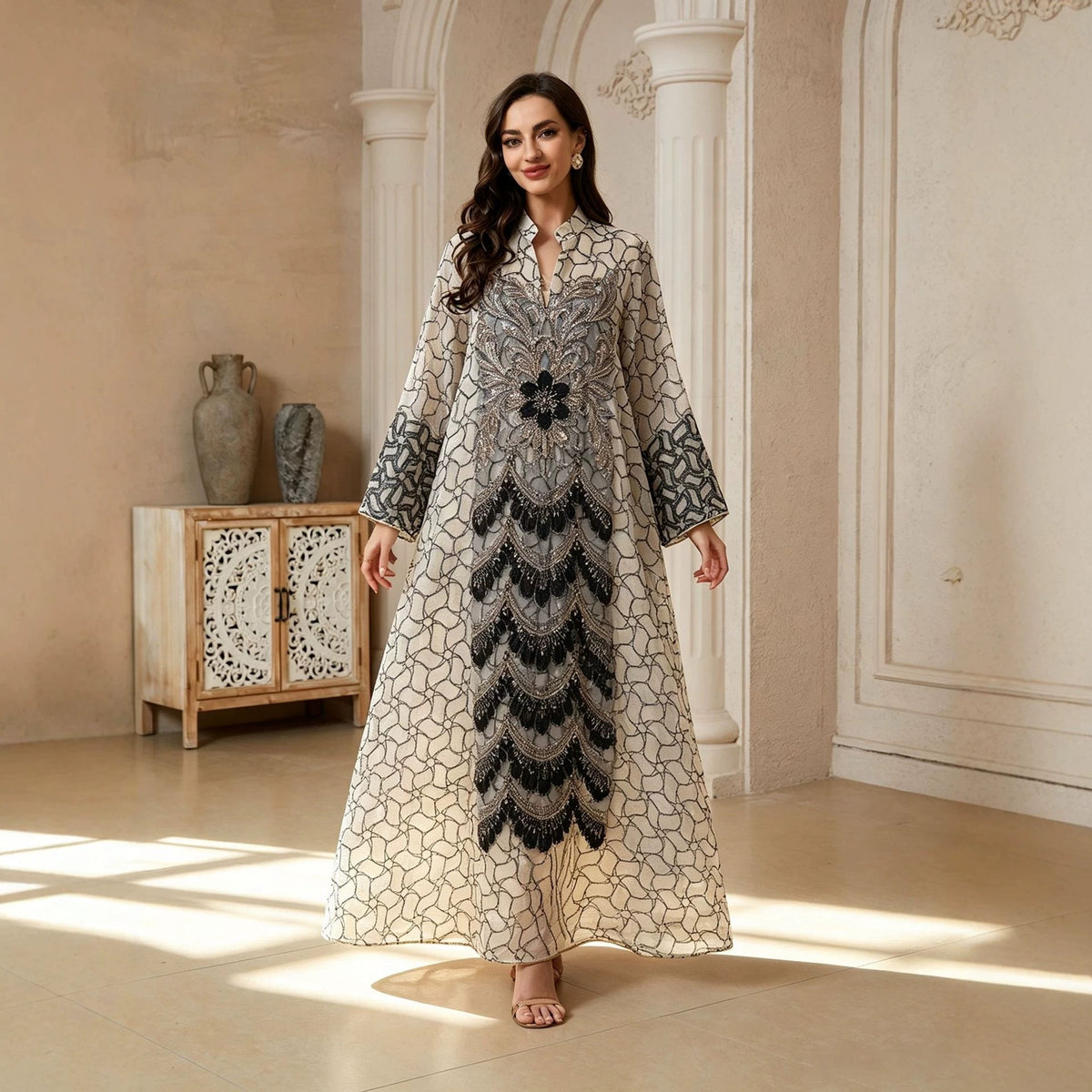 Premium Embroidered Floral Mesh Maxi Abaya Gown for Muslim Women Elegant Arabic Kaftan Robe Eid Ramadan Evening Party Dress