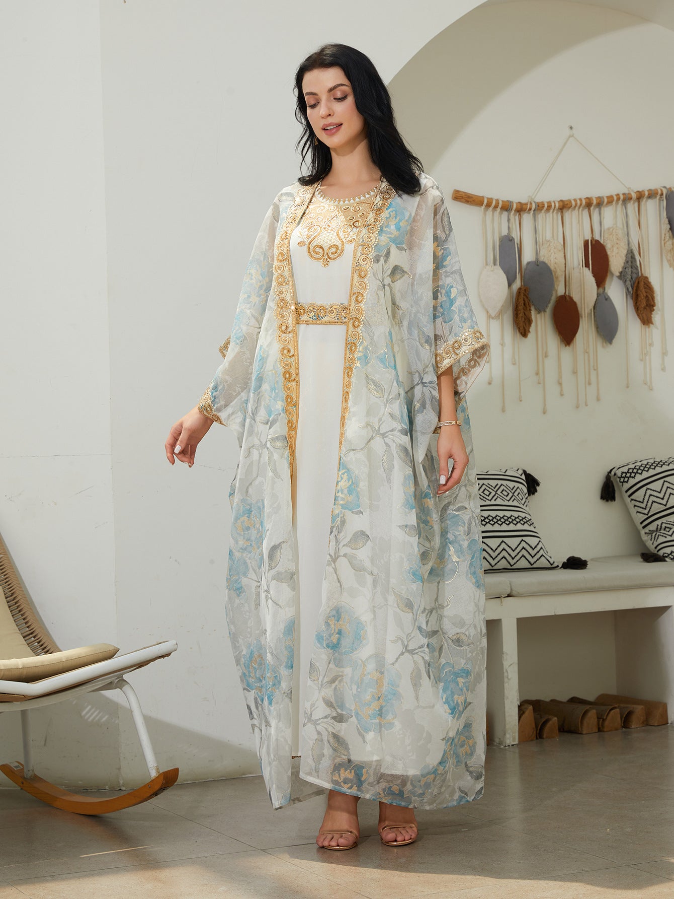 Women 2 Piece Dubai Modest Outfit Light Blue Gold Floral Sheer Chiffon Kimono Open Abaya With Gold Thread Embroidery Belted Inner Maxi Dress Gulf Luxury Layering Kaftan Set For Eid Ramadan Nikkah Wedding Banquet