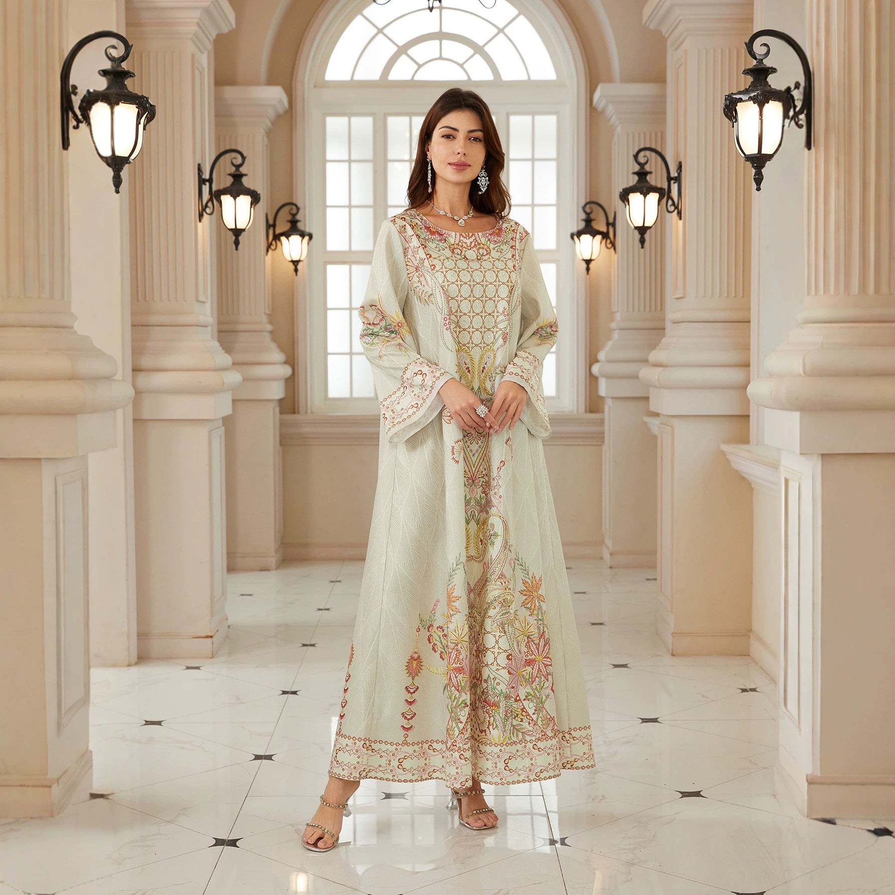 Light Beige Floral Paisley Embroidery Abaya Loose Wide Long Sleeve Full Length Modest Muslim Women Maxi Kaftan Dress For Wedding Daily Occasion