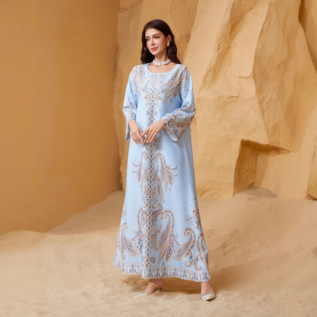 Light Blue and Yellow Rhinestone Beaded Round Neck Fitted Abaya Dress