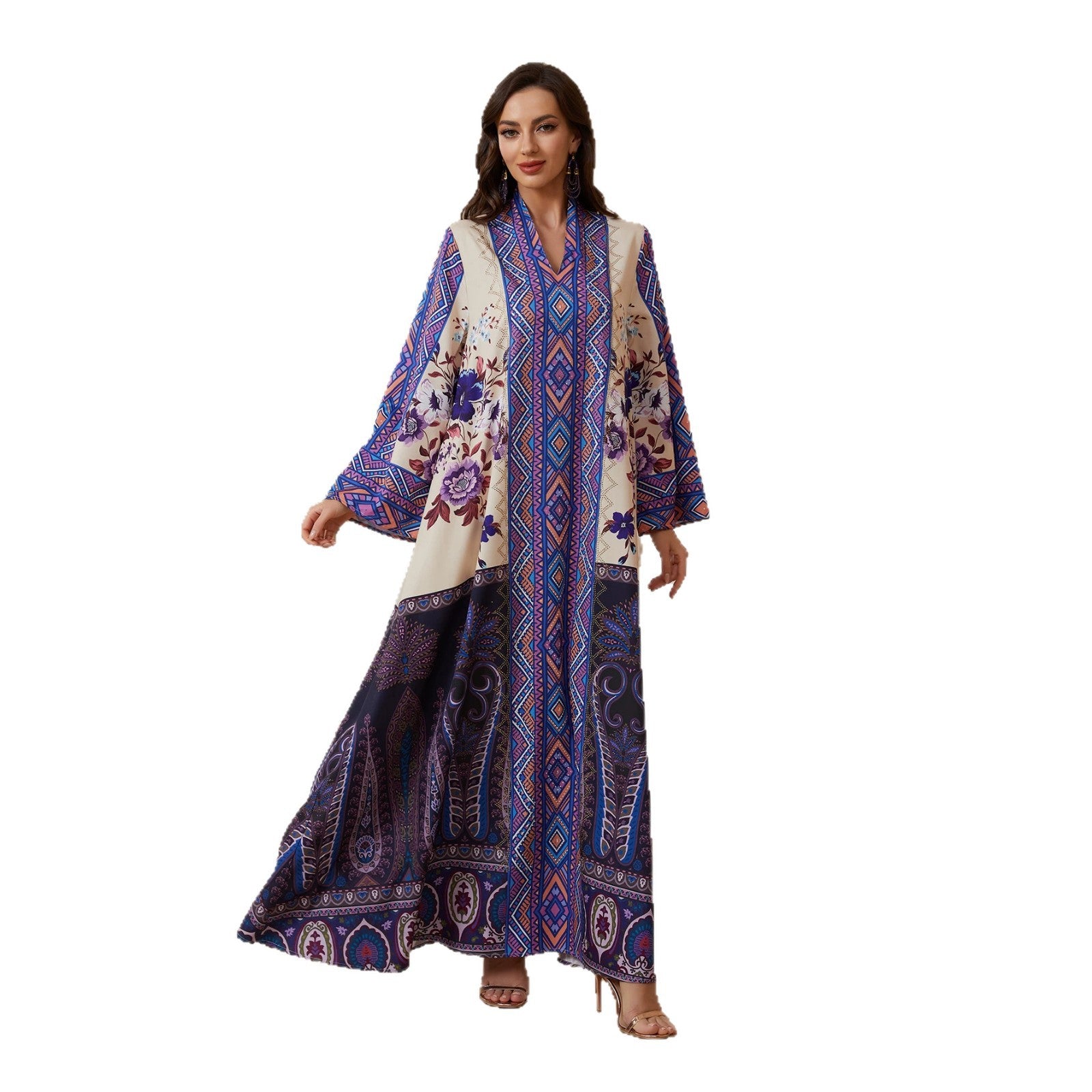Purple Turkish Print Abaya - Plus Size Rhinestone Modest Robe