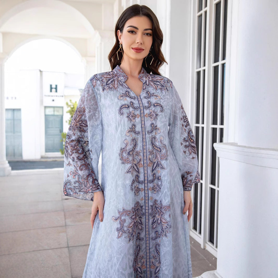Boho Blue Rhinestone Embroidered Abaya – Modest Muslim Maxi Dress