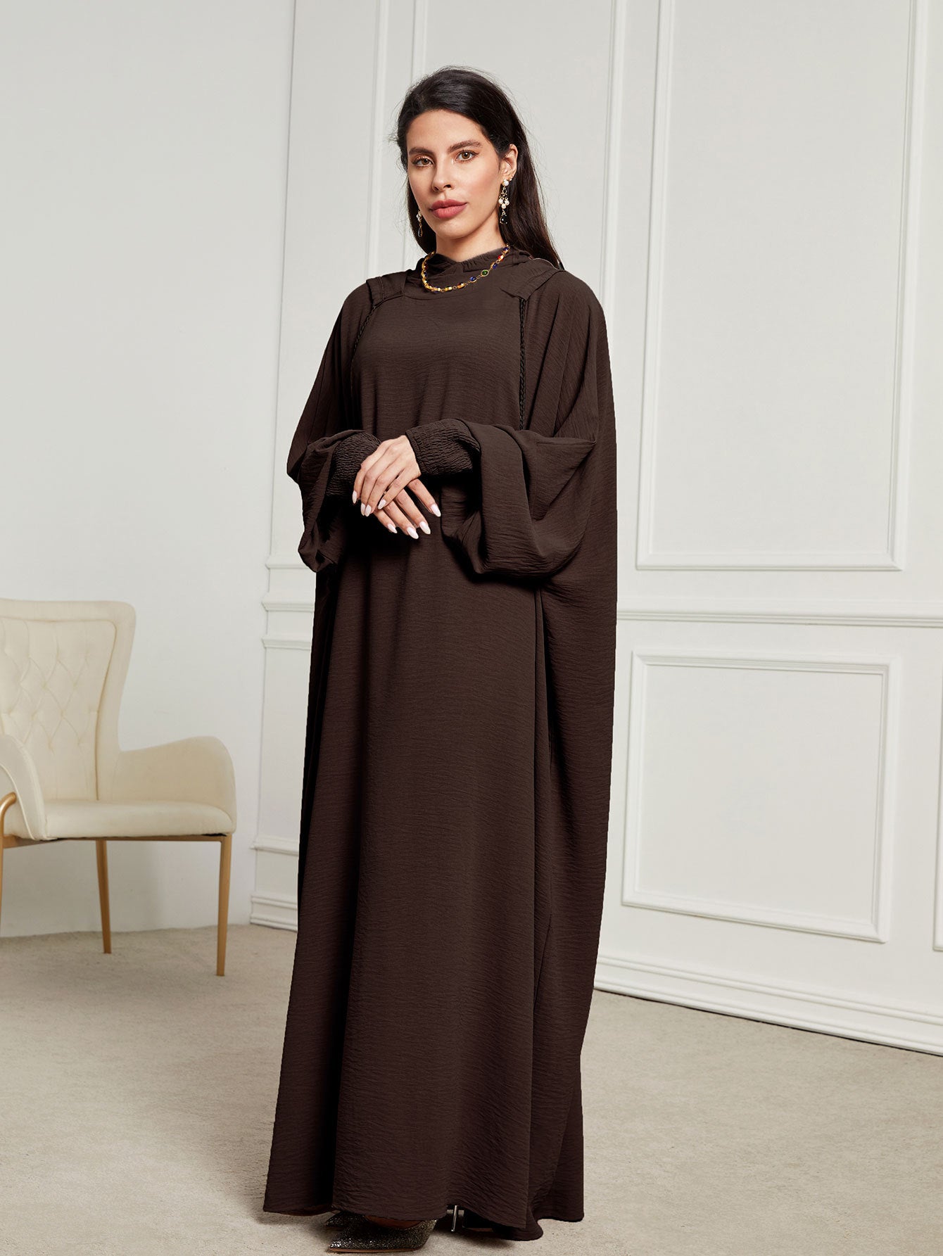 Hooded Hijab Abaya Dress with Drawstring Jalabiya Modest Long Maxi Dress for Muslim Women Eid Ramadan Daily Wear S-XXL