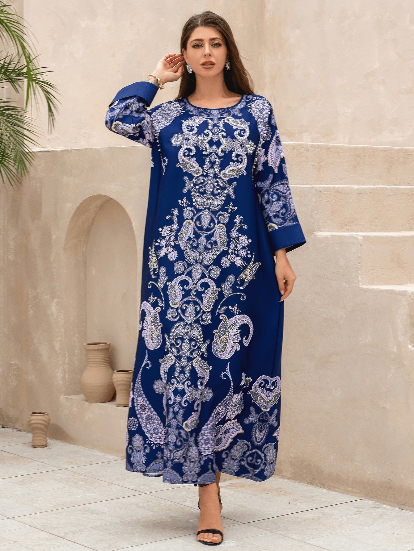 Navy Rhinestone Party Abaya - Printed Evening Robe Plus Size