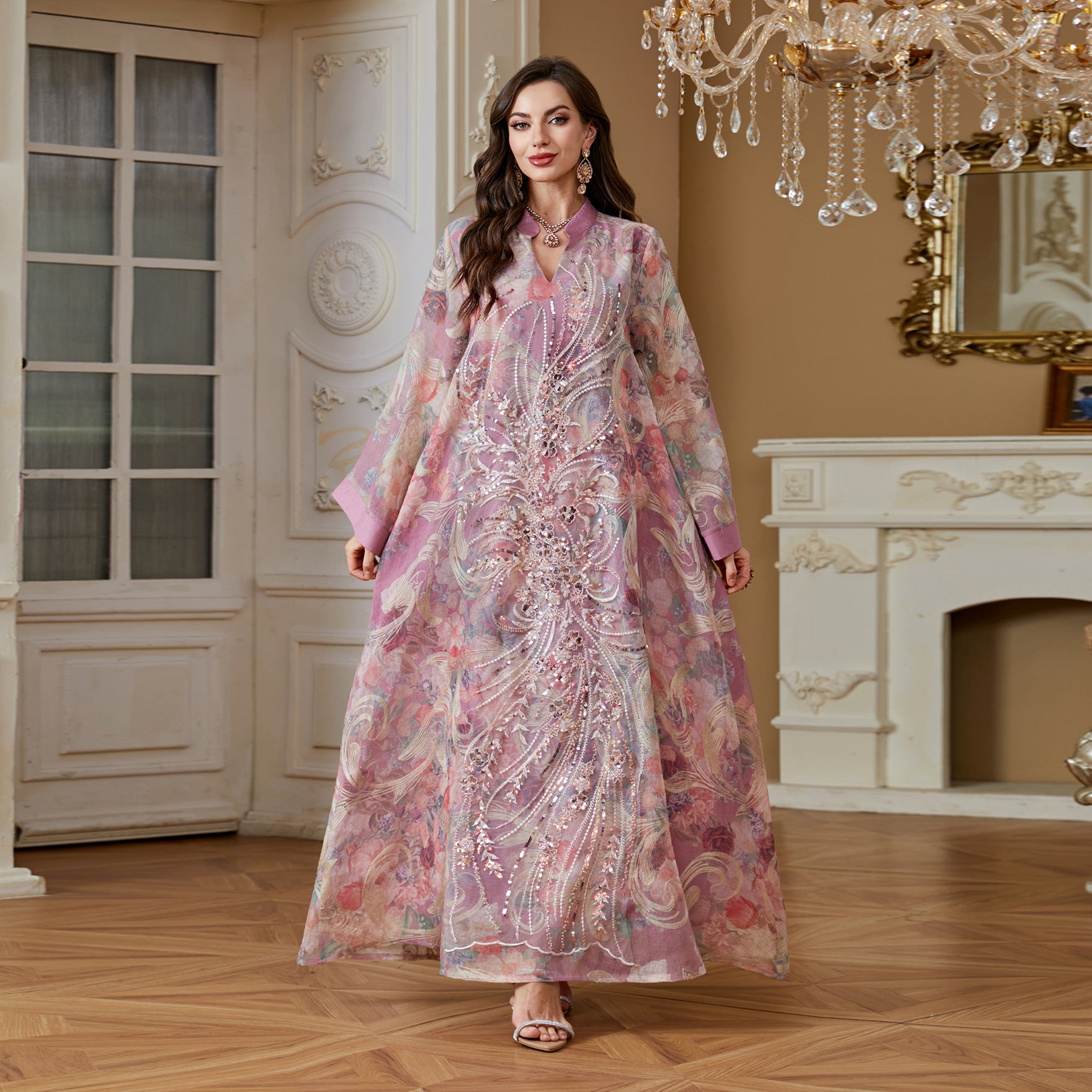 2026 Luxury Floral Print Abaya Women Hand Beaded Rhinestone Long Kaftan Stand Collar Flare Sleeve Loose Maxi Dress For Wedding Party