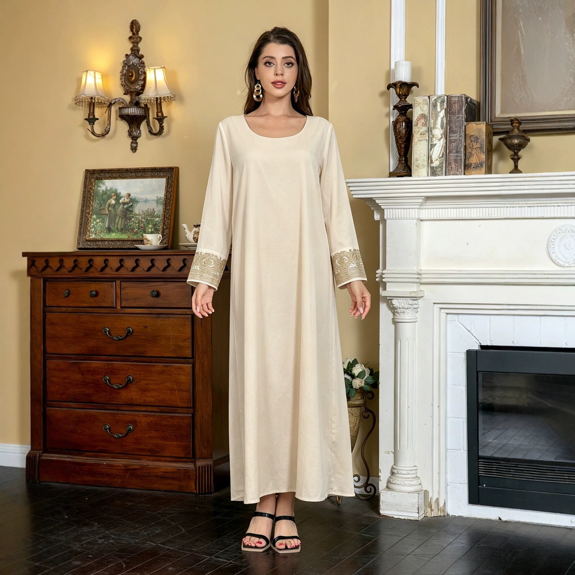 Off White Embroidered Two-Piece Cardigan Vest Set Evening Gown Jalabiya Modest Long Maxi Dress for Muslim Women Eid Ramadan