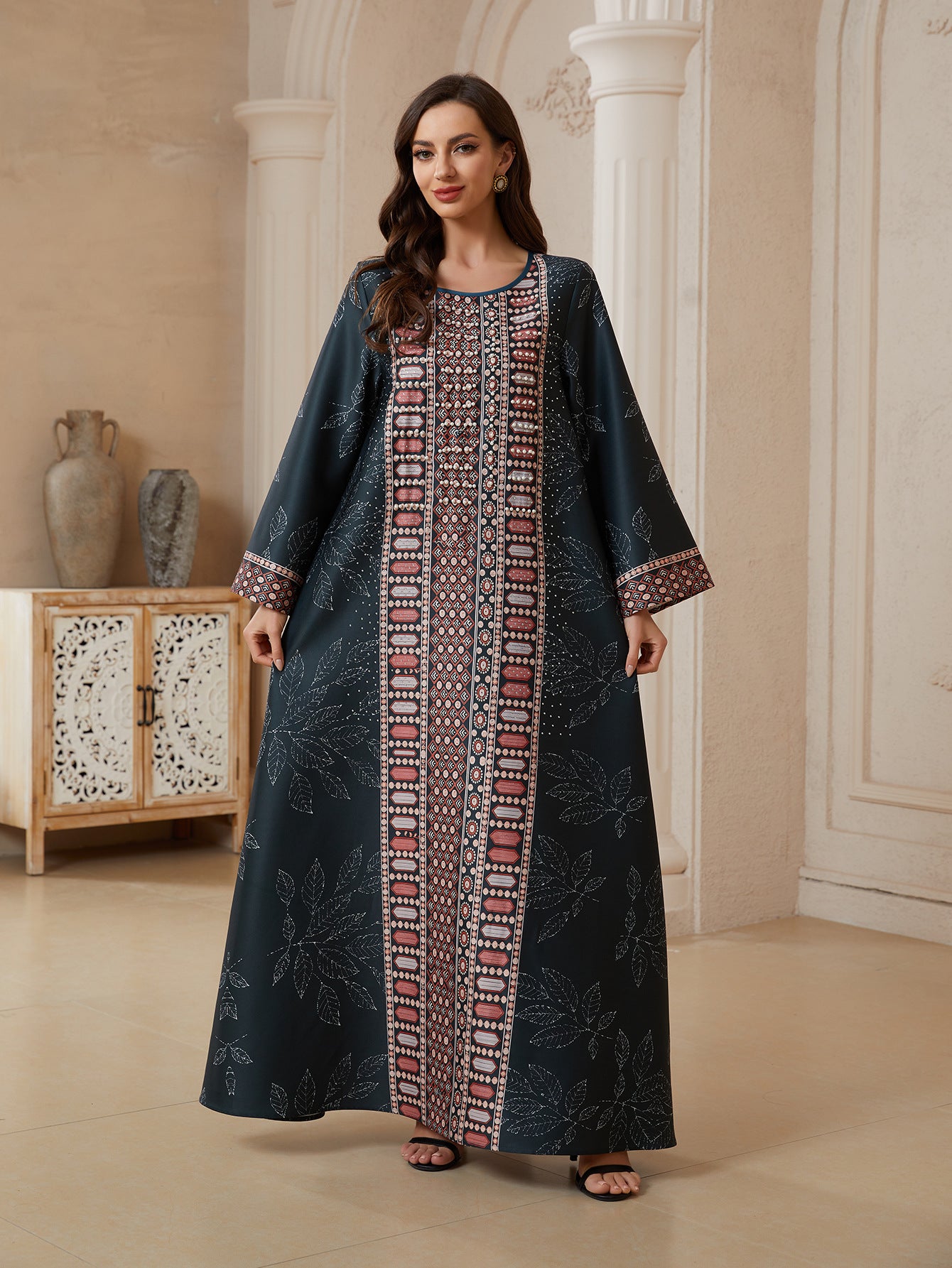 Women Round Neck Vertical Geometric Rhinestone Print Abaya Leaf Pattern Long Sleeve Maxi Jalabiya Dark Navy Matte Crepe Ethnic Modest Gown For Eid Mubarak Ramadan Wedding Evening Party