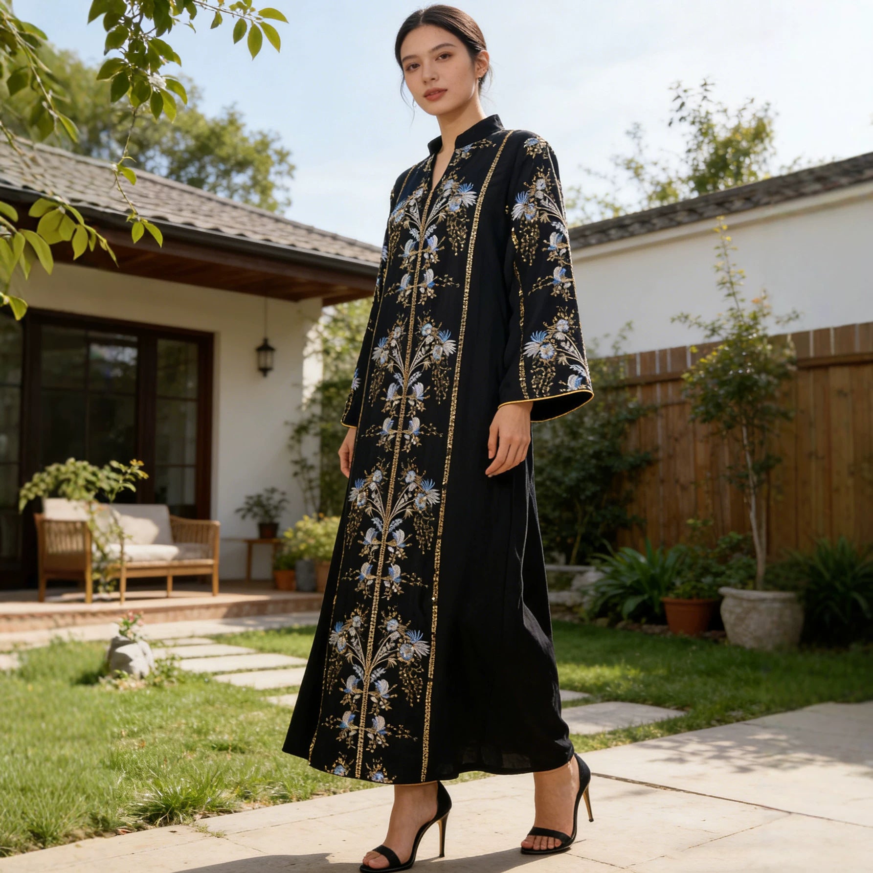 Sequin Applique Embroidered Abaya Jalabiya Modest Long Maxi Dress for Muslim Women Eid Ramadan Formal Evening Party S-XXL