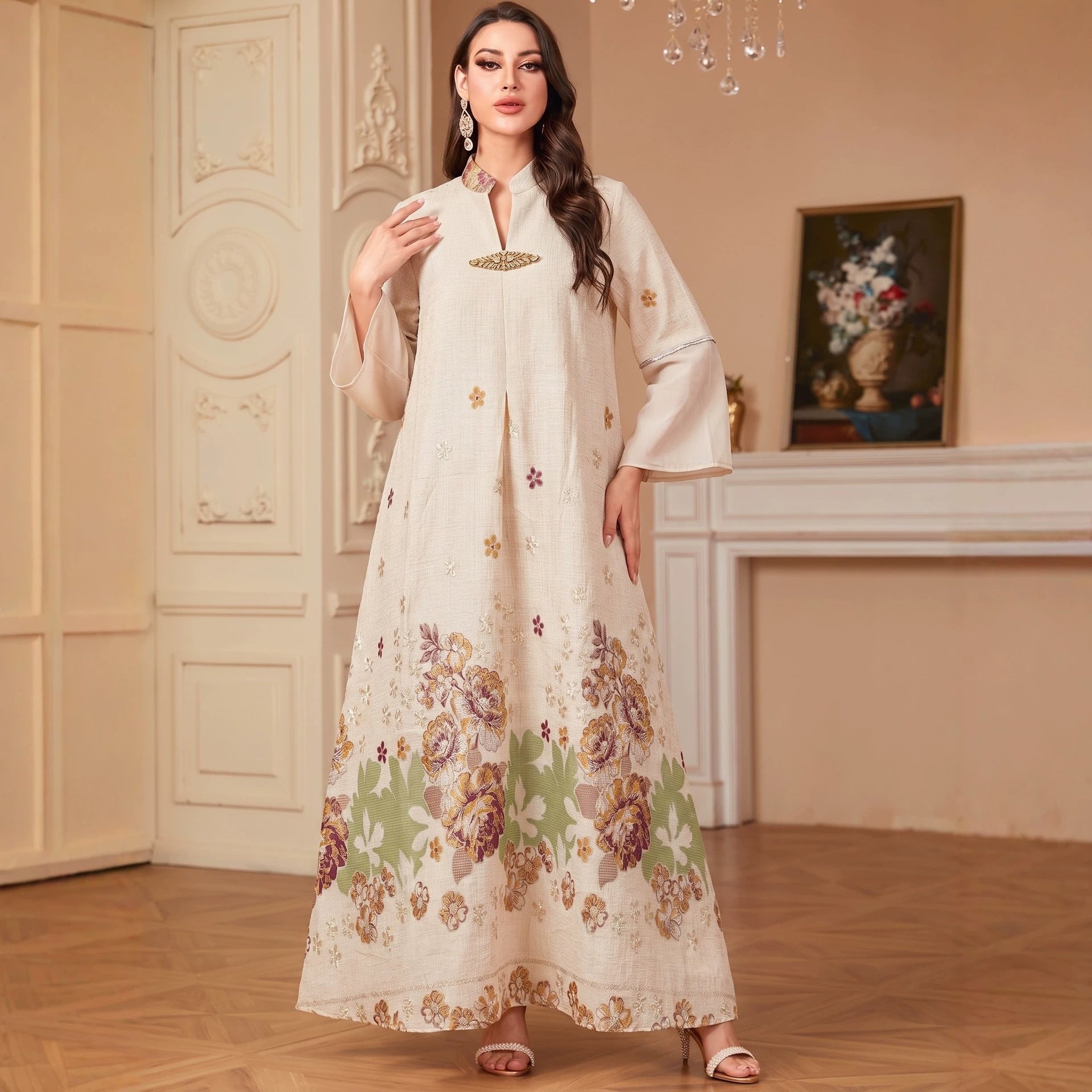 Camel Blue Light Blue V-Neck Rhinestone Embroidered Evening Abaya Dress