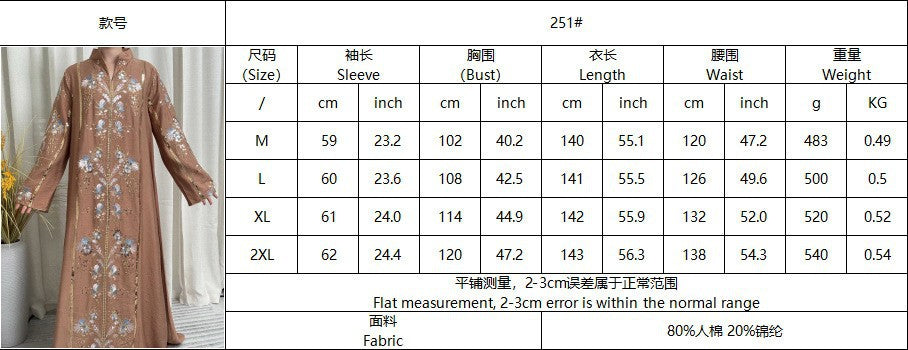 Vintage V-Neck Floral Embroidered Rayon Abaya Maxi Kaftan Dress for Muslim Women Elegant Ramadan Eid Celebration Gown - 251