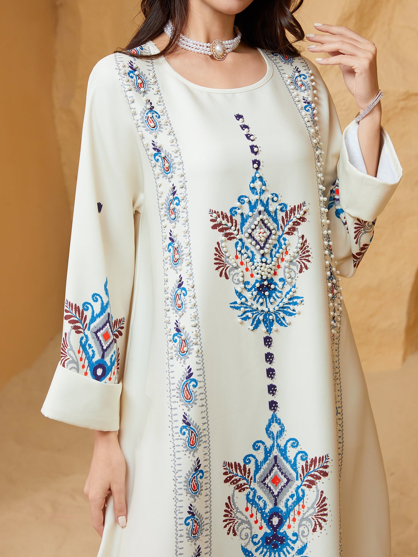 Ivory Printed Abaya Robe - Ethnic Style Modest Long Dress