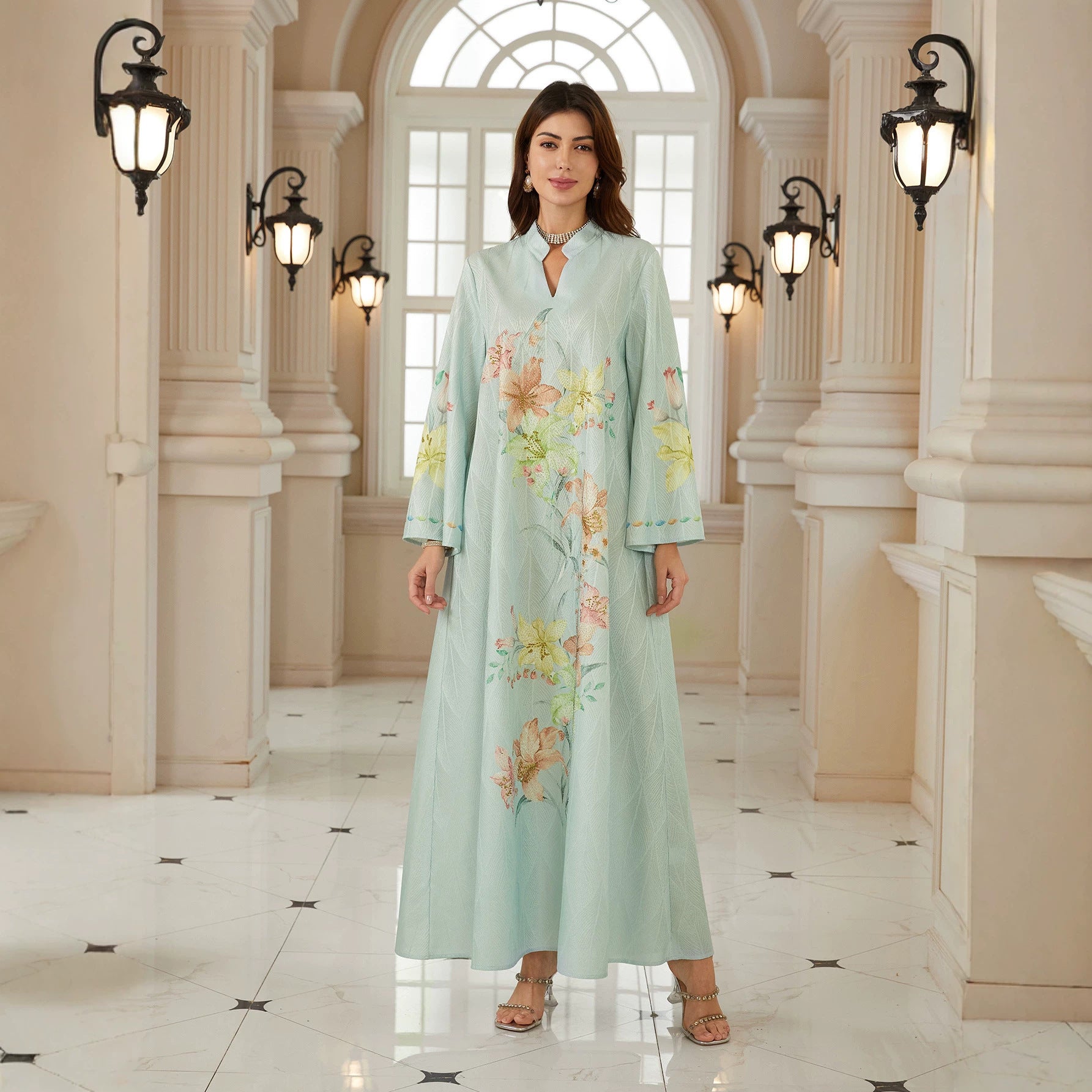Mint Green Lily Floral Premium Pan-Arab Mandarin Stand Collar Small V Notch Open Front Modest Maxi Tunic Subtle Leaf Jacquard Matte Satin Single Layer Textile All Over Watercolor Large Lily Blossom Hand Embroidery Full Length Front Floral Stitch Wide