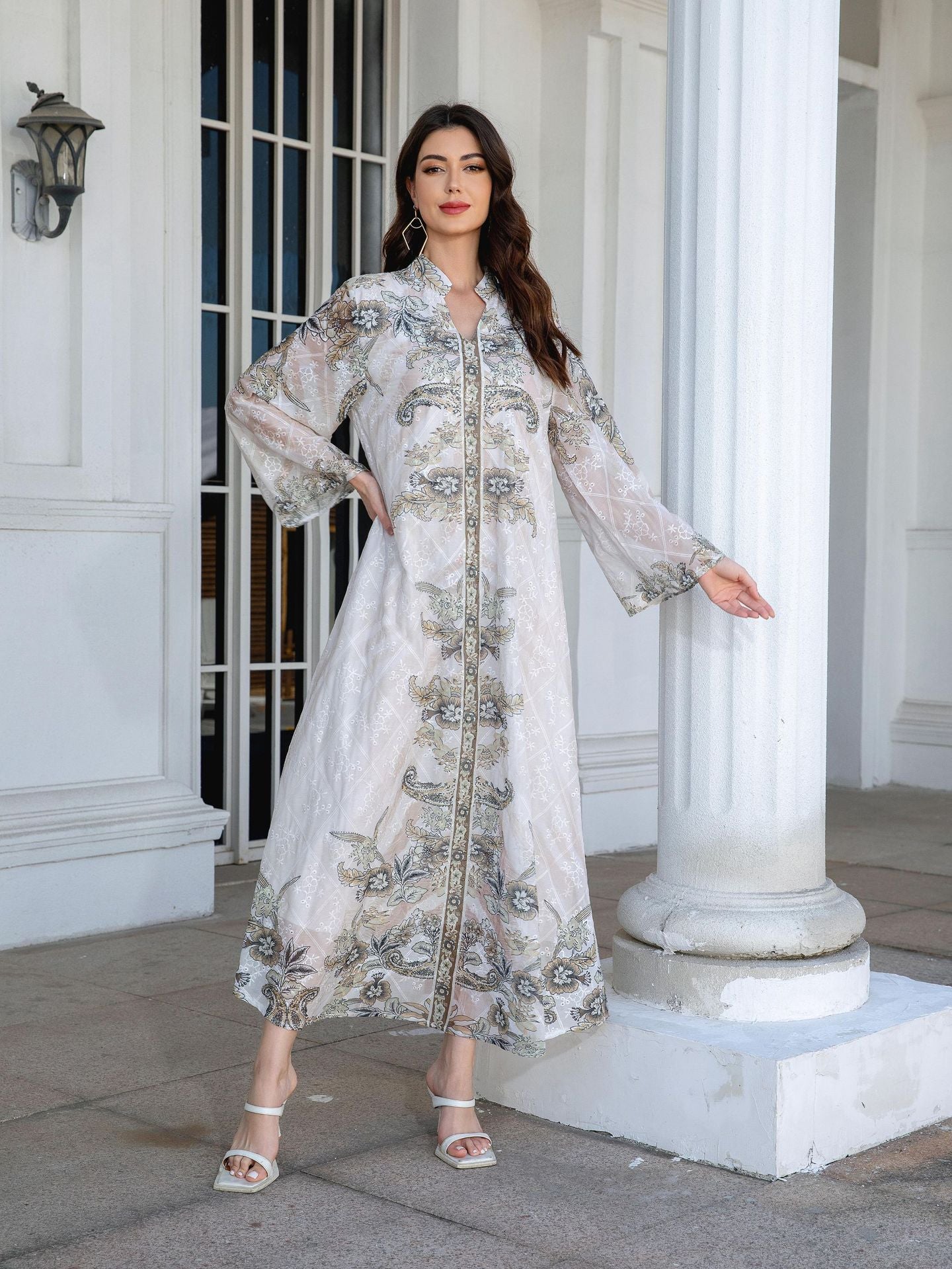 Light Grey Mandarin Collar Abaya - Printed Rhinestone Modest Robe