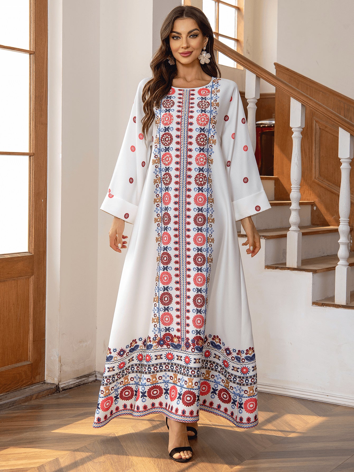 Elegant Red Printed Gold Foil Beaded Maxi Abaya Jalabiya Modest Long Robe for Muslim Women Eid Ramadan Daily Wear Loose Floor Length Dress S-XXL