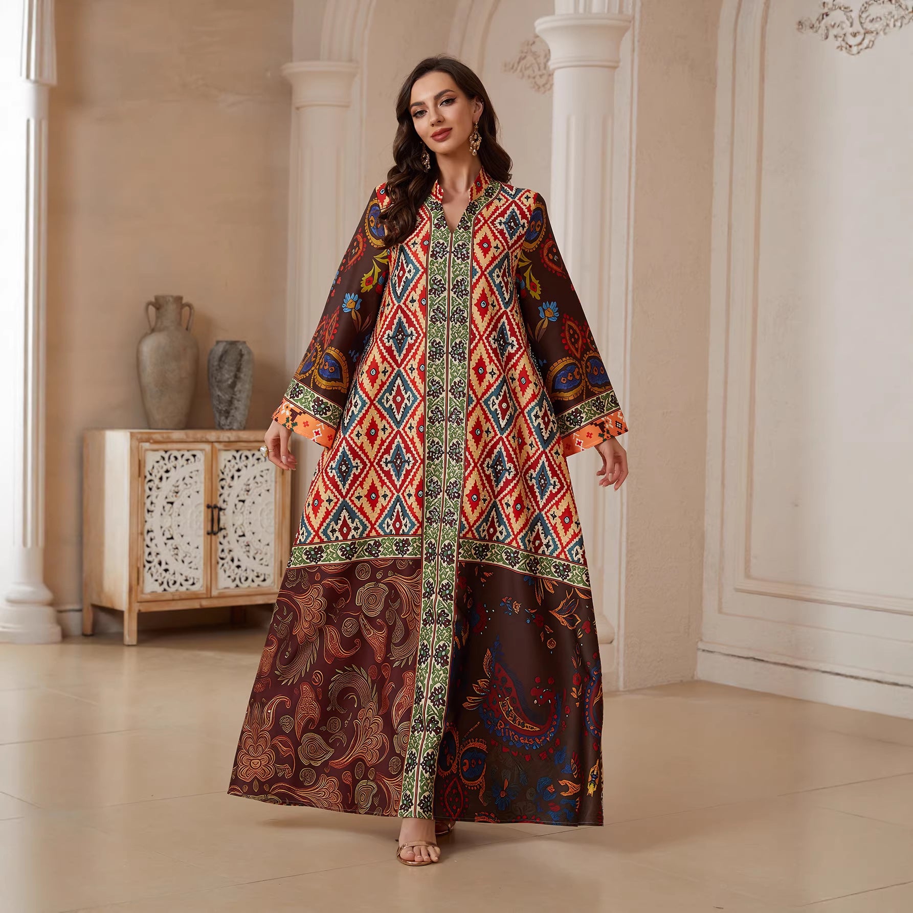 Floral Print Rhinestone Abaya Dress - Modest Muslim Ramadan Eid