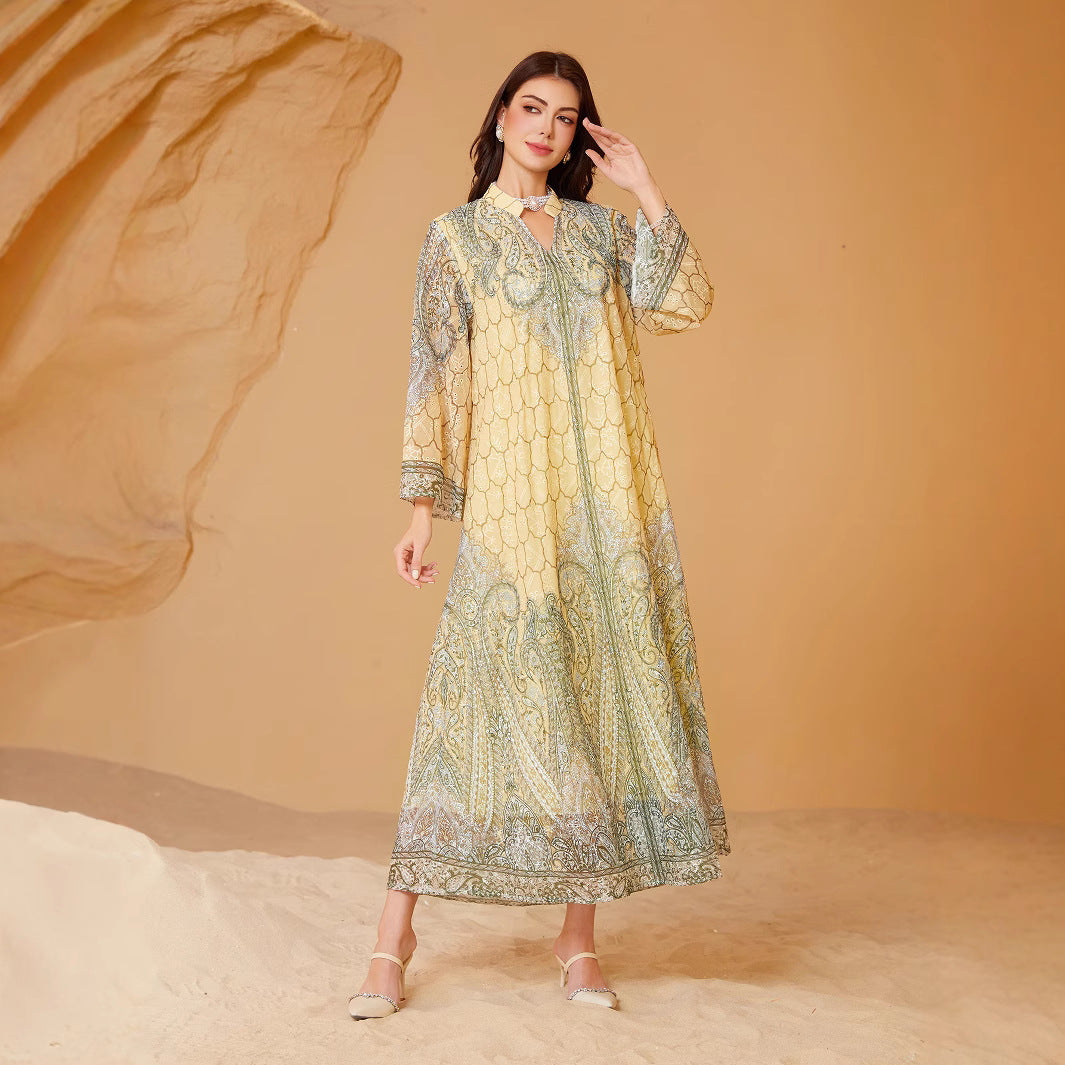 Sunlit Yellow Rhinestone Embroidered Abaya – Modest Muslim Maxi