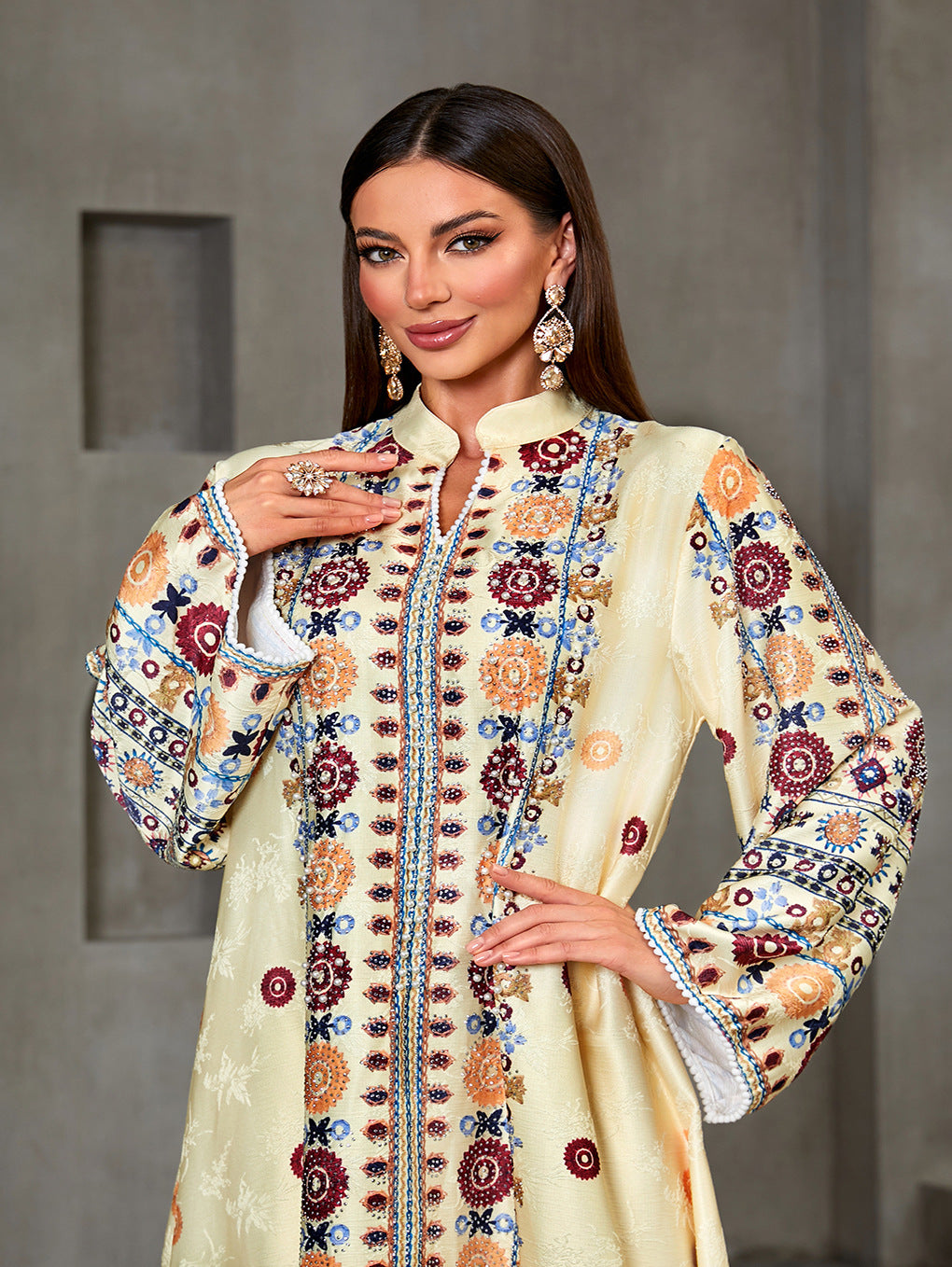Handcrafted Beaded Jacquard Patterned Gown Jalabiya Modest Long Maxi Dress for Muslim Women Eid Ramadan Party S-XXL