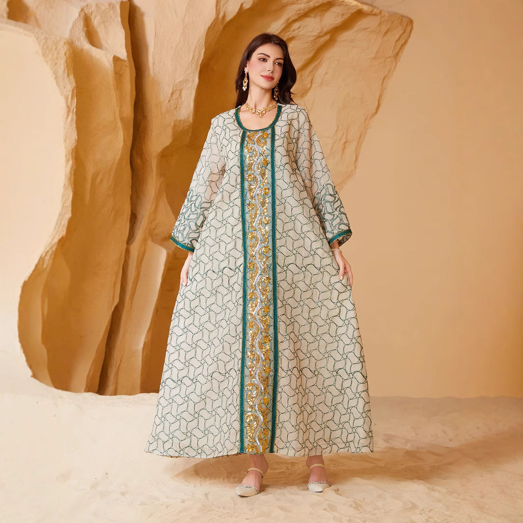 Gulf Islamic Modest Robe Three Tone Green Black Red Crack Jacquard Square Neck Luxury Vertical Sequin Embroidery Wide Bell Sleeve Plus Size Moroccan Caftan For Ladies Formal Evening Occasion