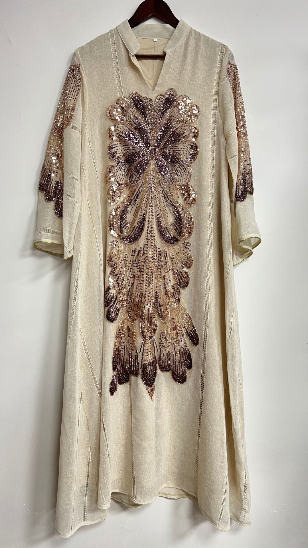 Peacock Feather Sequin Beaded Linen Abaya For Women Stand Split Collar Long Sleeve Dubai Luxury Muslim Kaftan Modest Maxi Dress For Eid Ramadan Wedding Party 3 Colors