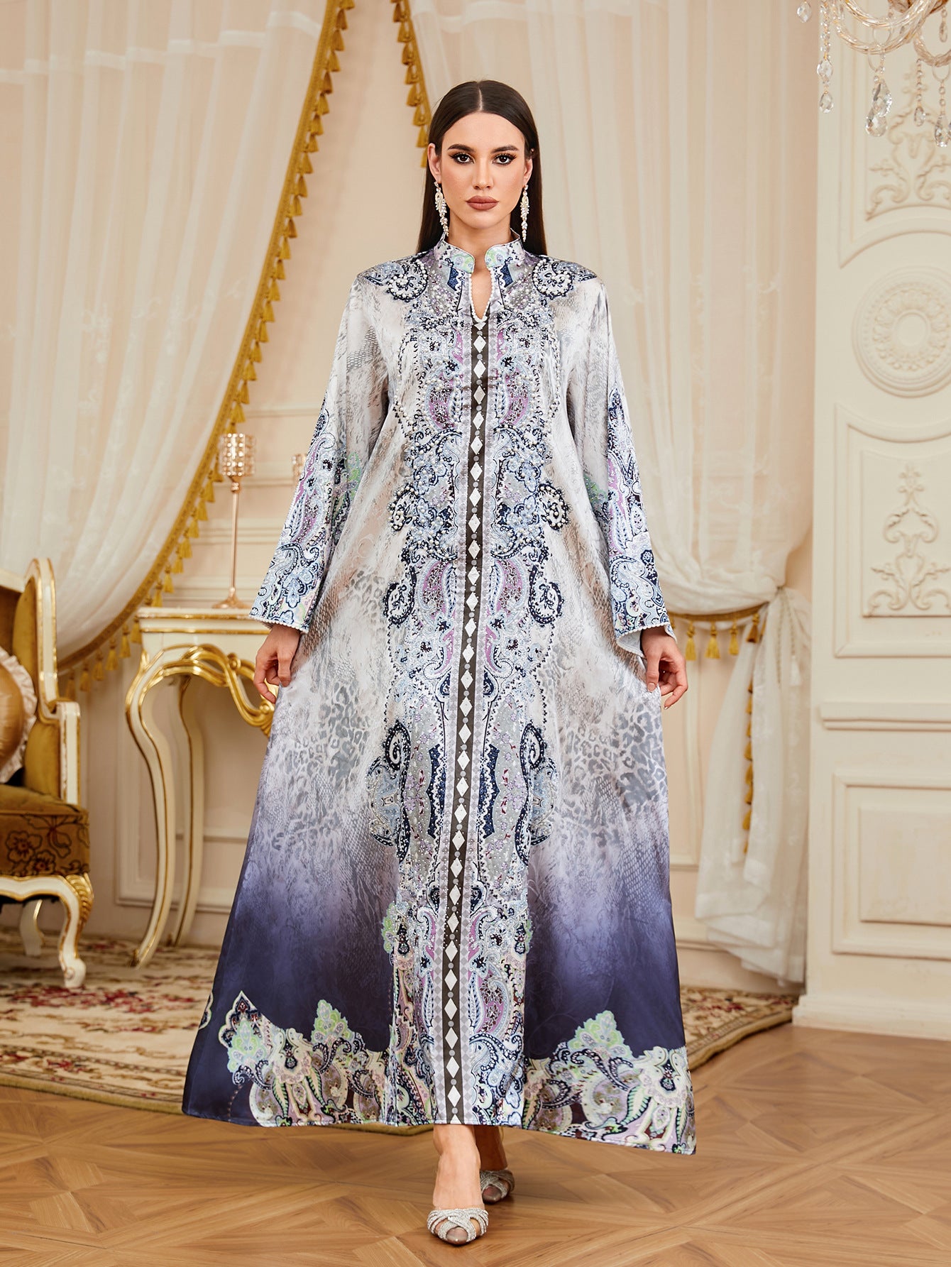 Rhinestone Beaded Floral Print Gown Jalabiya Modest Loose Long Maxi Evening Dress for Muslim Women Eid Ramadan S-XXL