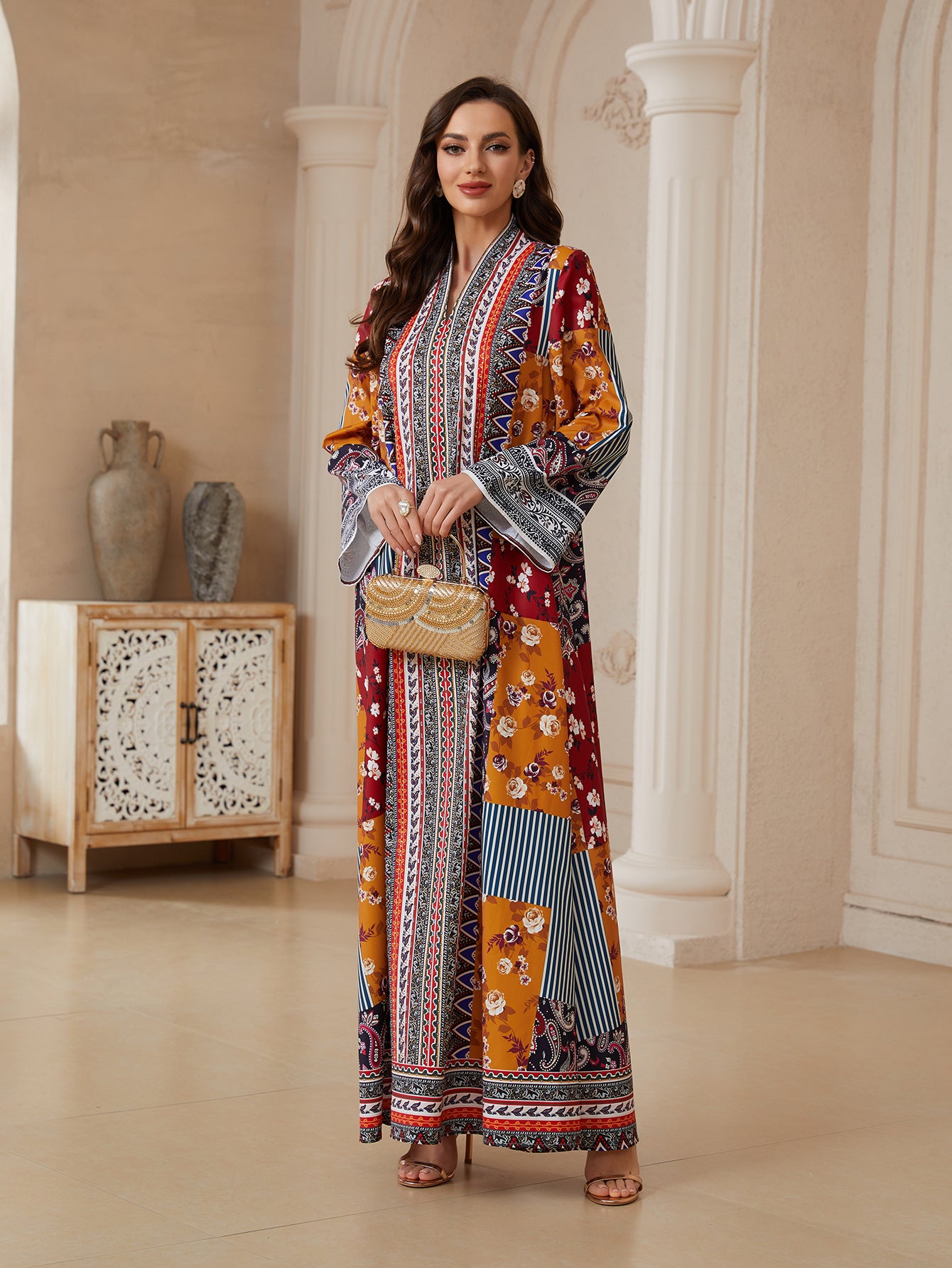 Floral Long Sleeve Ethnic Abaya - Modest Muslim Dress Ramadan Eid