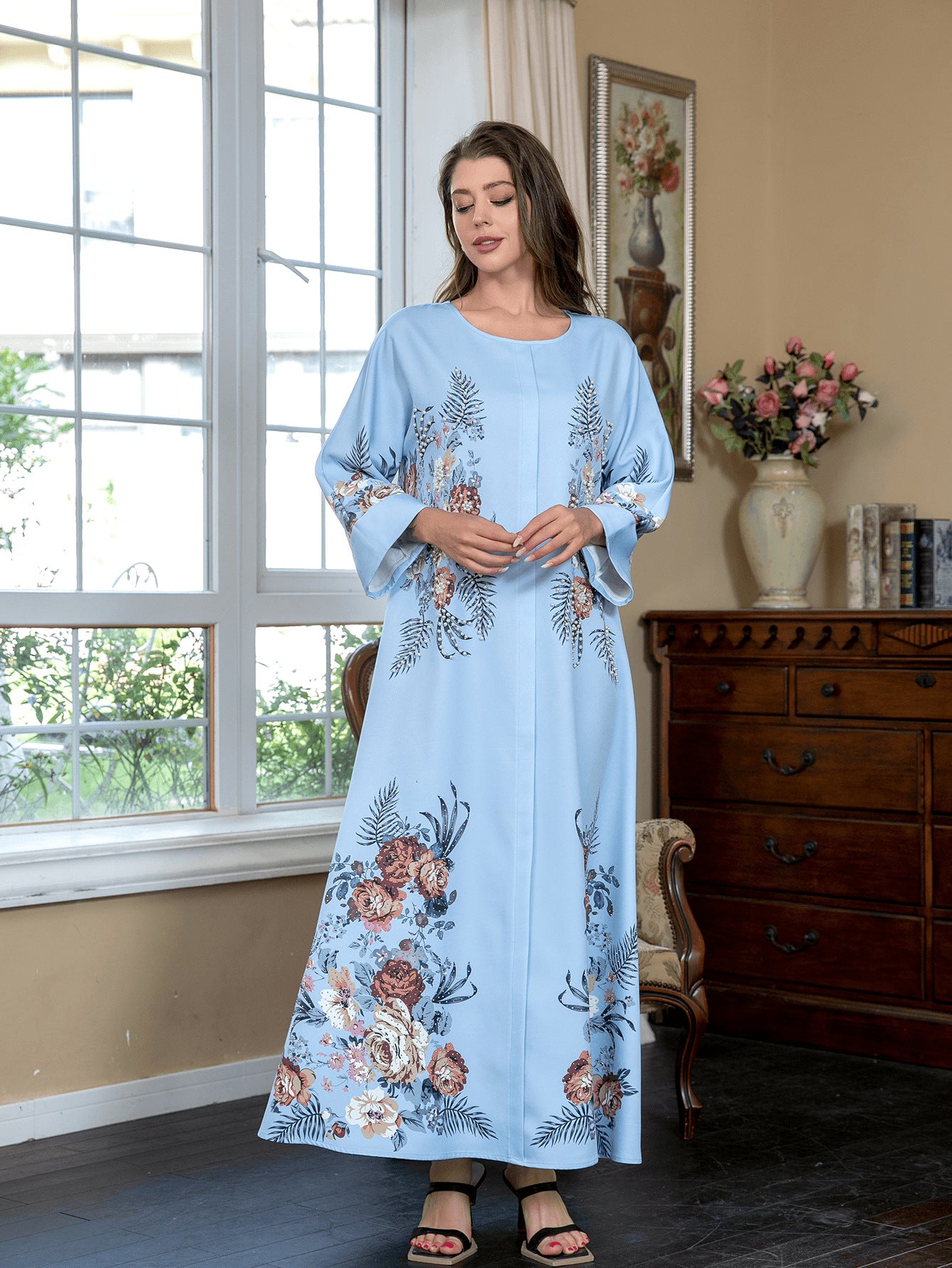 Sky Blue Rhinestone Beaded Round Neck Floral Maxi Dress - Modest