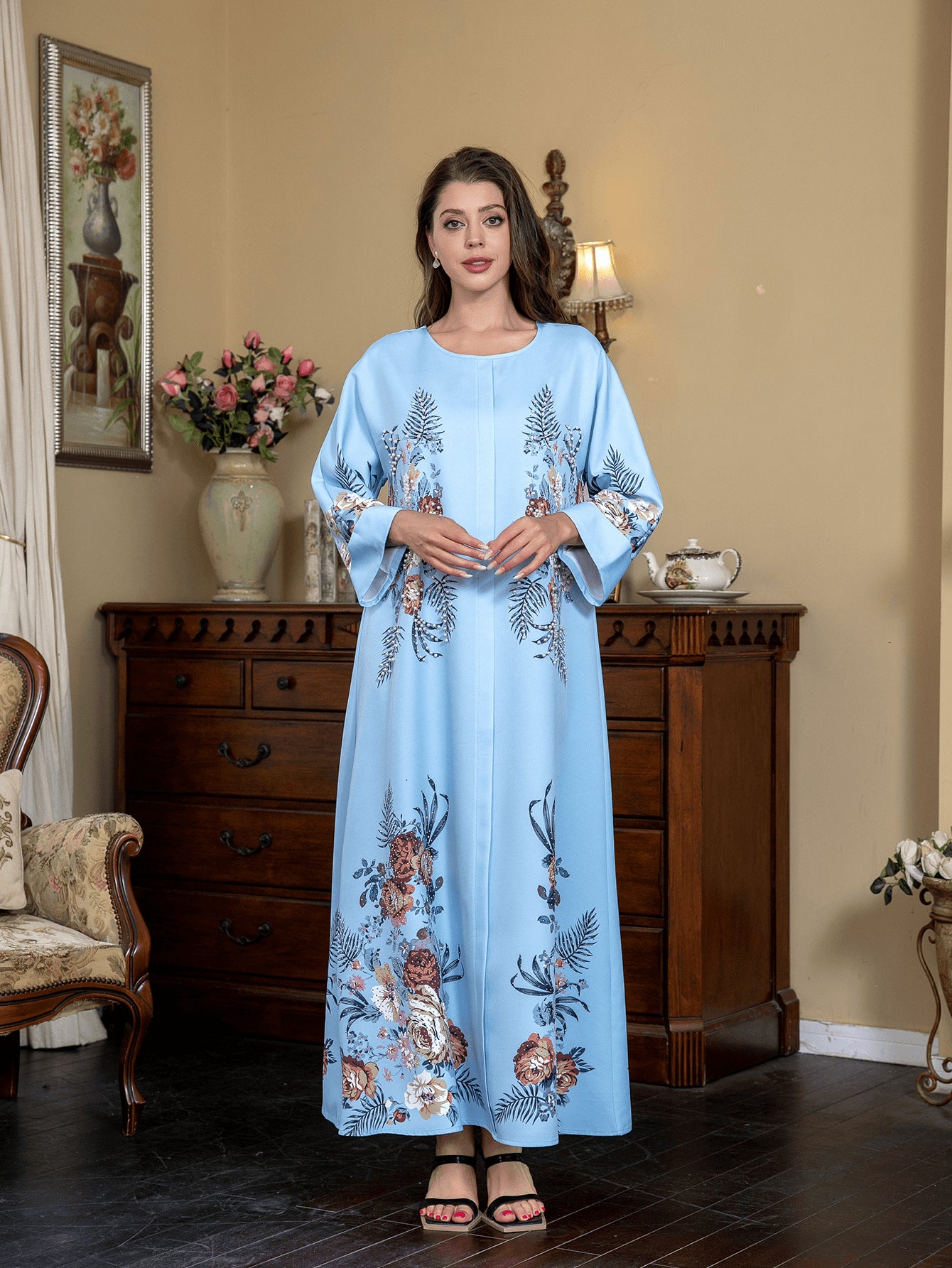 Sky Blue Rhinestone Beaded Round Neck Floral Maxi Dress - Modest