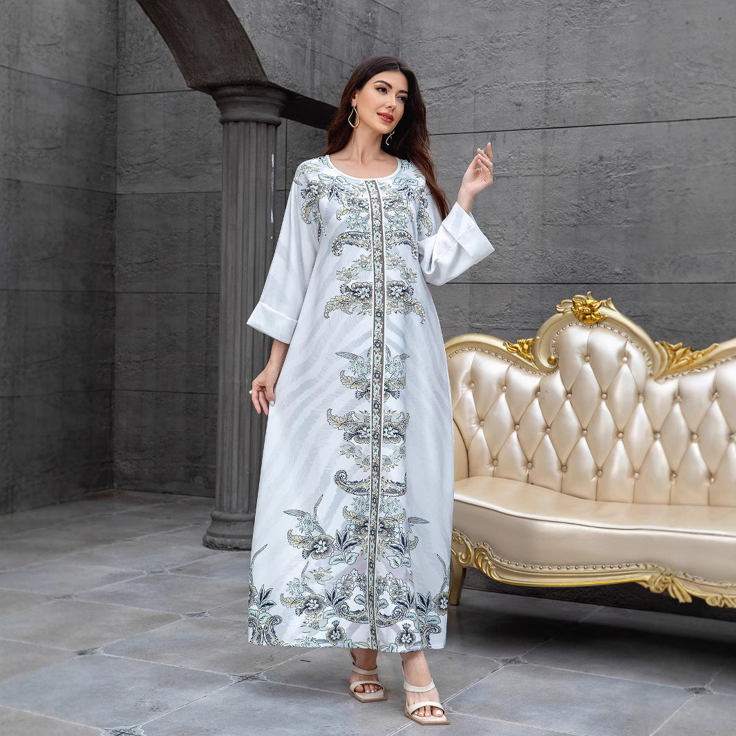 Light Grey Rhinestone Beaded Floral Maxi Abaya Dress