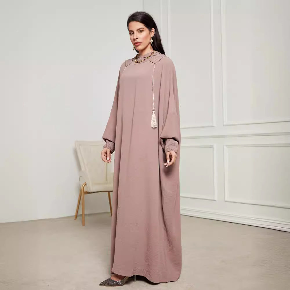 Hooded Hijab Abaya Dress with Drawstring Jalabiya Modest Long Maxi Dress for Muslim Women Eid Ramadan Daily Wear S-XXL
