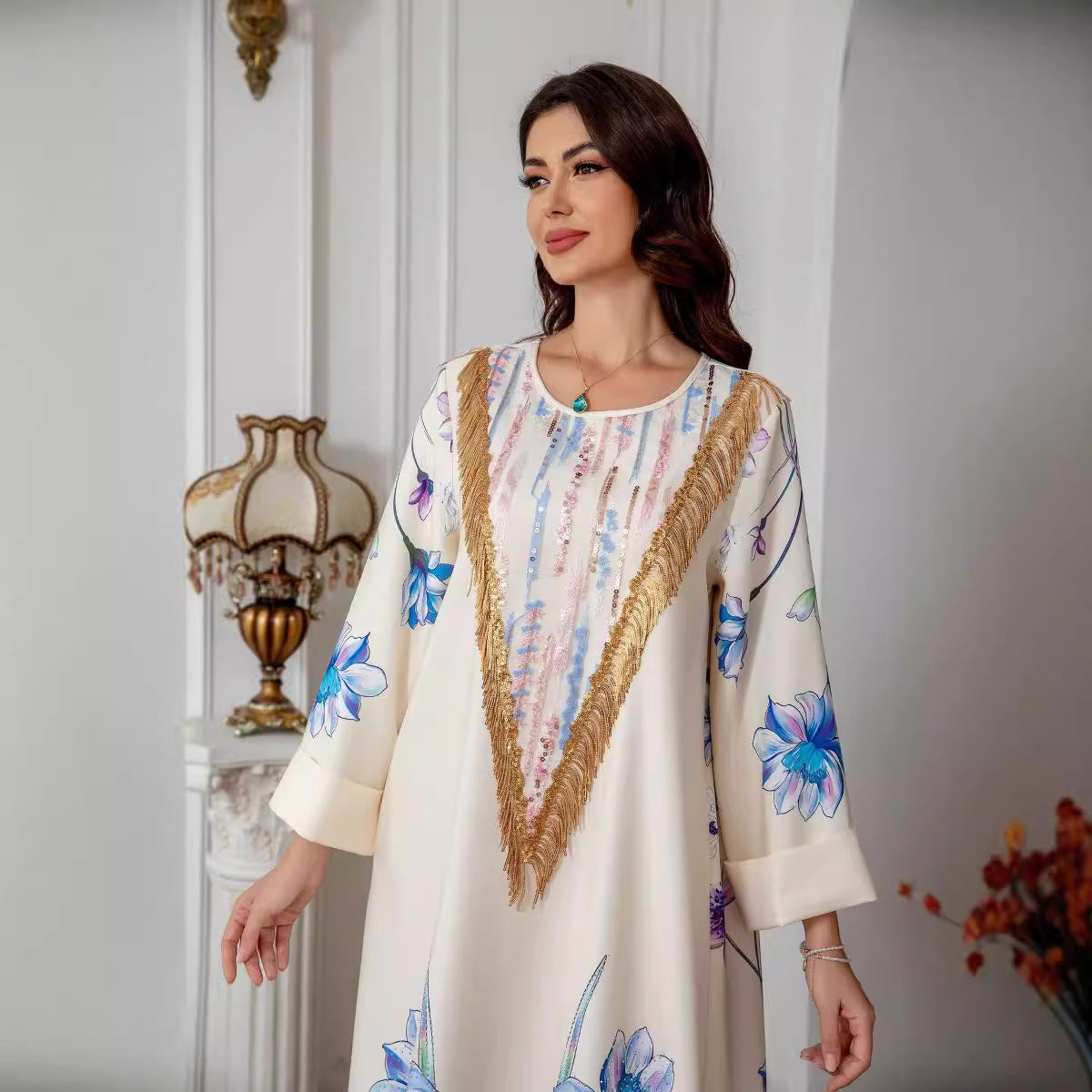 Ivory Printed Evening Abaya - Modest Party Dress Long Robe