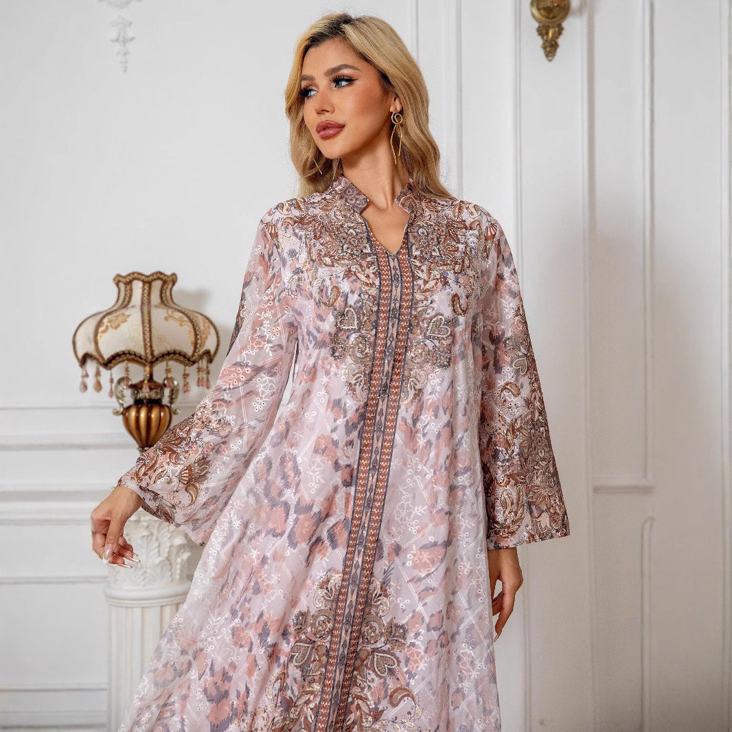 Radiant Pink Beaded Rhinestone Kaftan Abaya Maxi Dress Eid Ramadan