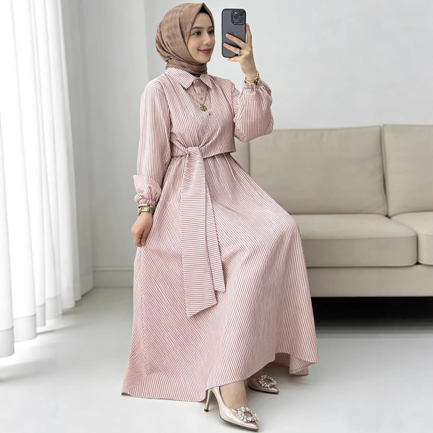 Striped Belted Button-Down Shirt Collar Faux Two-Piece Modest Maxi Dress Muslim Women Abaya Jalabiya Kaftan for Eid