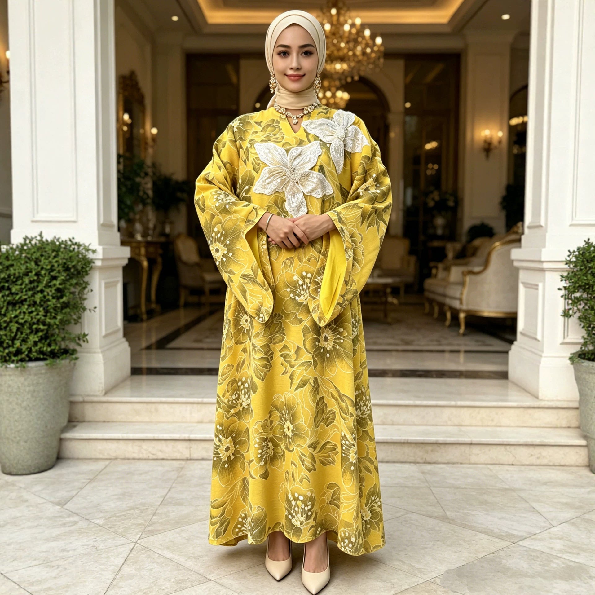 Yellow Pink Heavy Rhinestone Floral Embroidered Gown Batwing Sleeve Jalabiya Modest Long Maxi Dress for Muslim Women Eid Ramadan