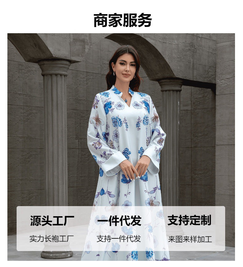 Light Blue Rhinestone Mandarin Collar Embroidered Maxi Abaya Dress