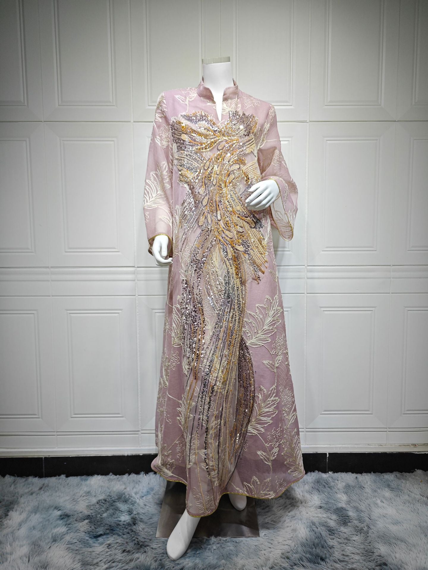 Elegant Oversized Wide Flare Sleeve Muslim Long Robe For Ladies Handcrafted Phoenix Sequins Embroidery Light See-through Leaf Print Abaya Four Shades Formal Ceremony Gown