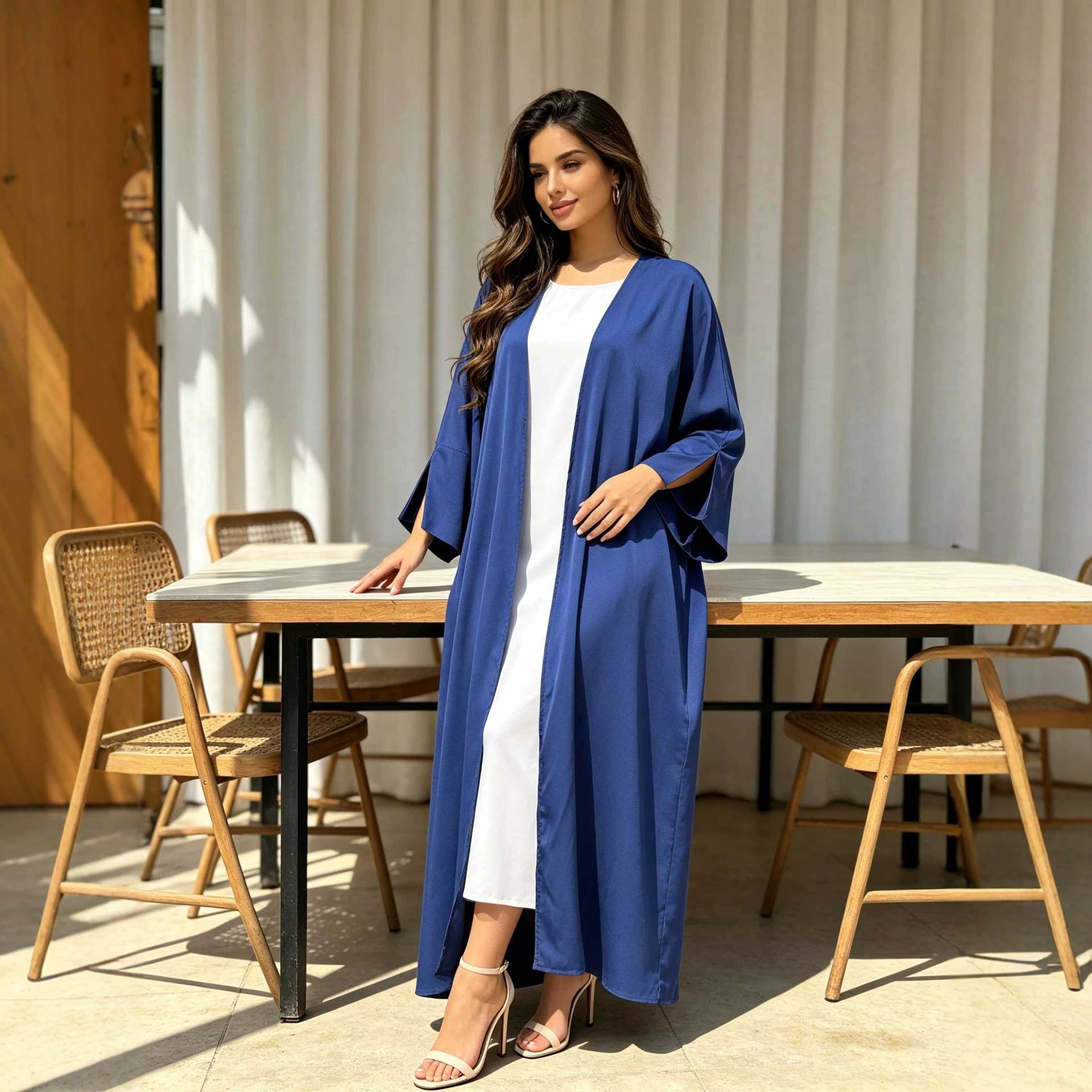 Silky Satin Batwing Sleeve Open Abaya Cardigan Modest Long Maxi Kimono Robe for Muslim Women Eid Ramadan Party One Size